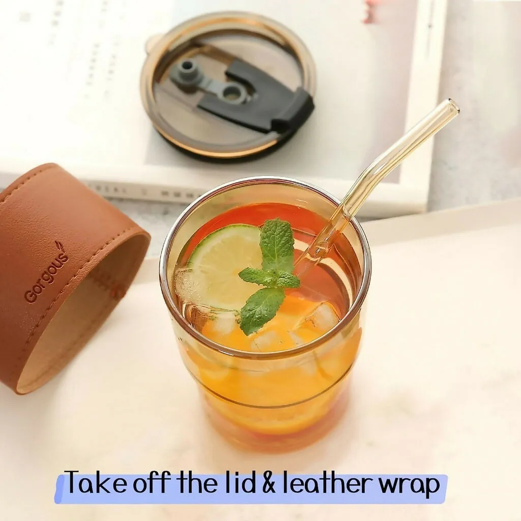 Glass Tumbler with Straw and Lid Portable Juice Coffee Cup - Detailed Feature View 6
