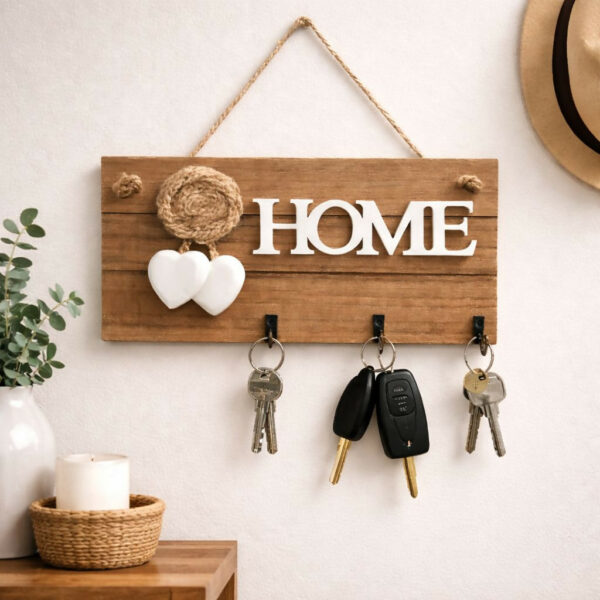 Wooden HOME Key Holder Wall Mount with 3 Hooks Organizer