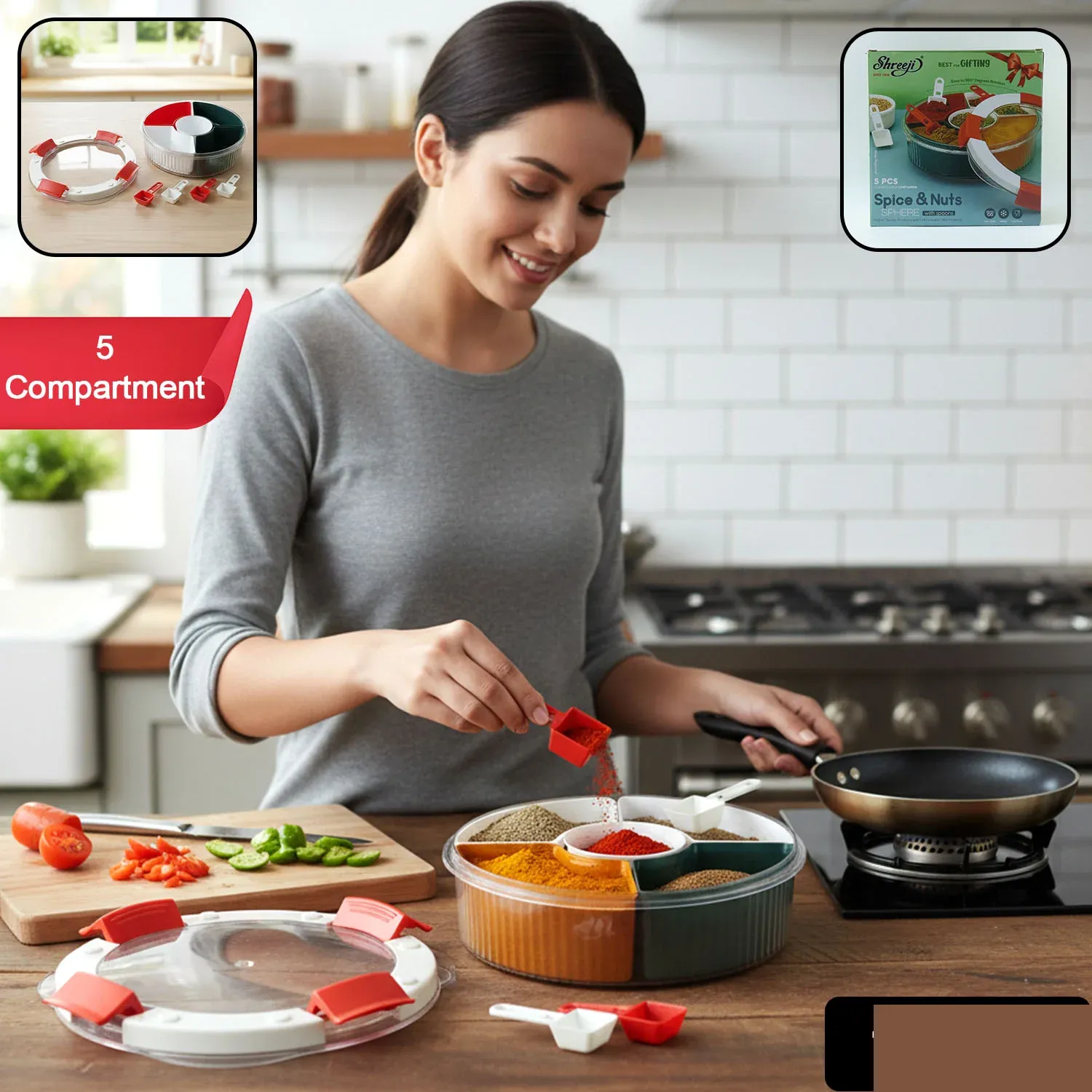 Plastic 5-compartment Spice Storage Box – Easy Kitchen Organization - Detailed Feature View 1