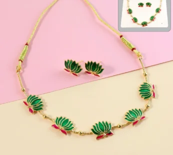 Traditional Green & Lotus Motif Jewellery Set