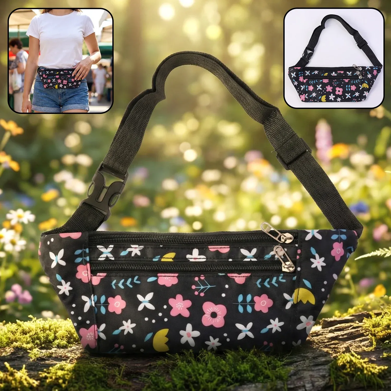 Premium Floral Print Adjustable Waist Bag with Multiple Zipper Pockets - Buy Online at Alikart