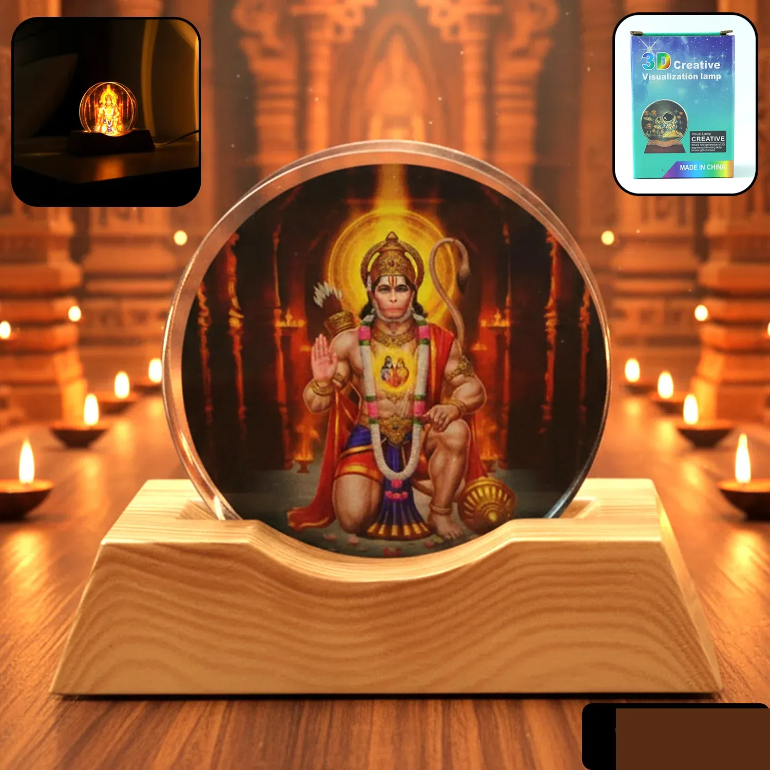 3D Hanuman Ji Acrylic LED Night Lamp with Wooden Base - Detailed Feature View 1