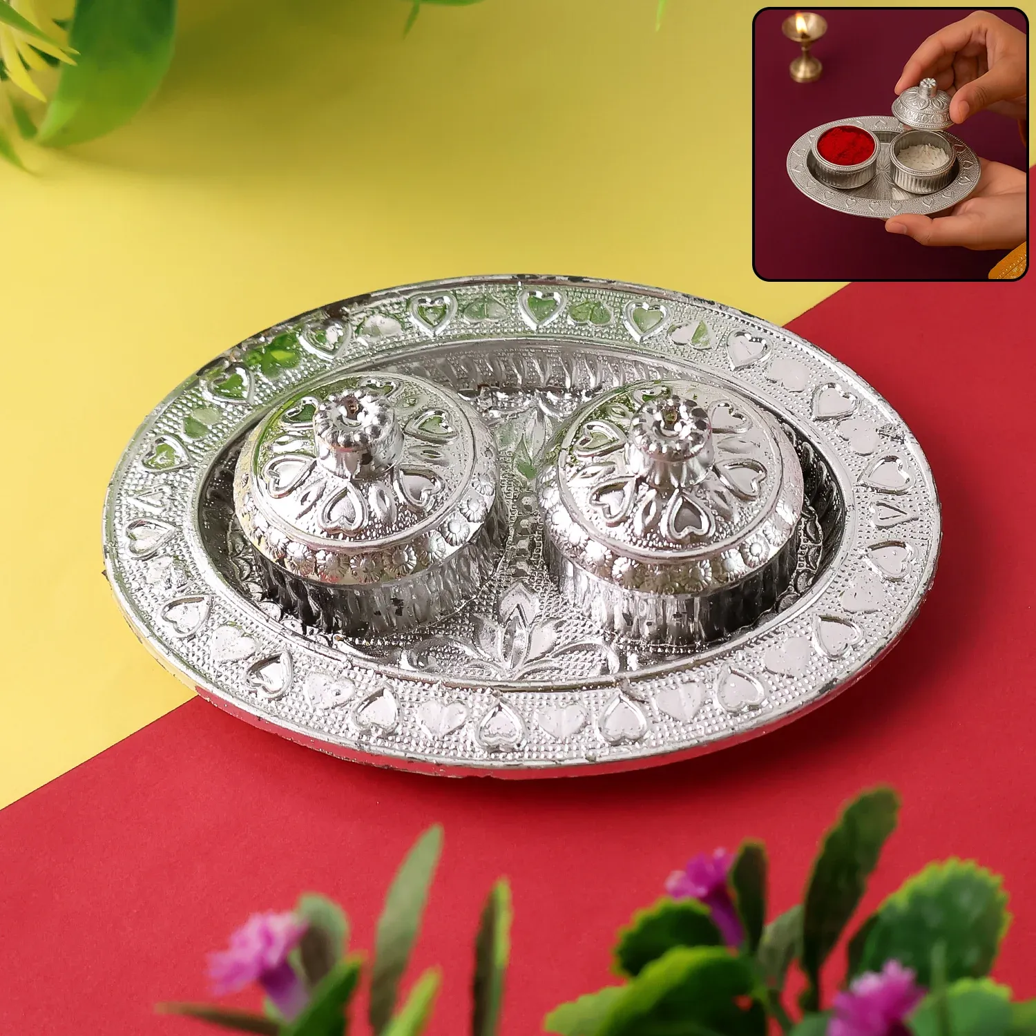 Premium Oval Shape Special Puja Thali with Kumkum Holders - 1 Pc Mix Design - Buy Online at Alikart