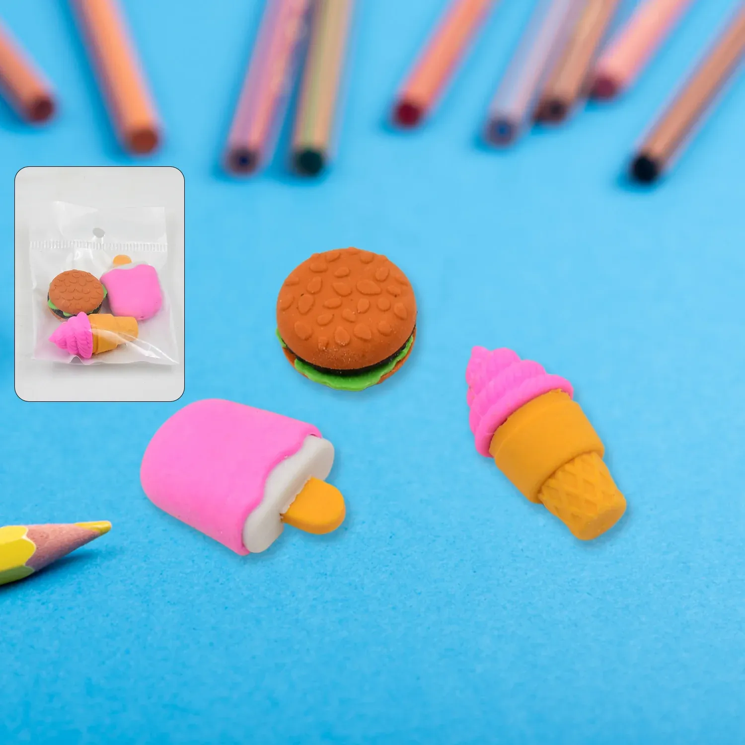 Premium Fancy Erasers – Colourful 3 Pc Set for Kids School Supplies | Writezo - Buy Online at Alikart