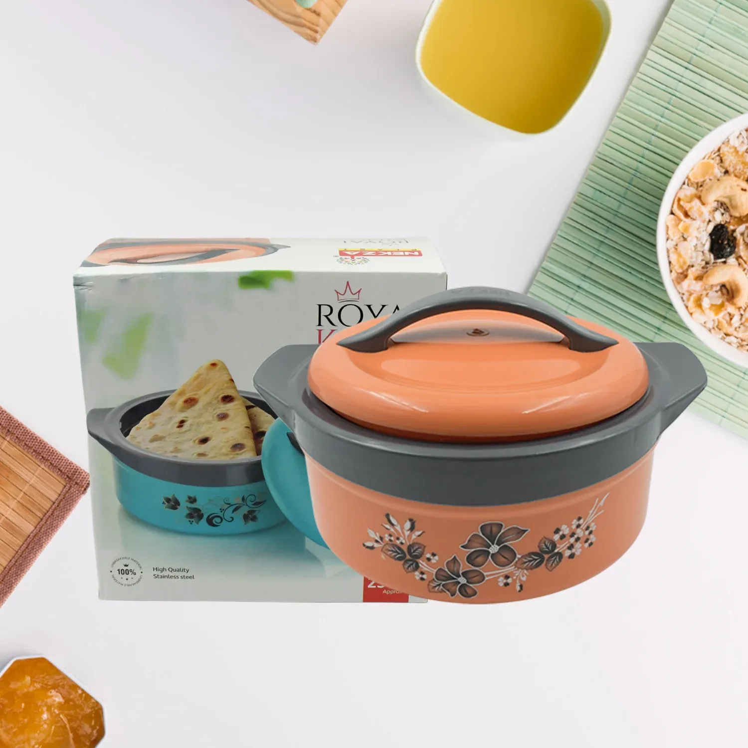 Premium Insulated Stainless Steel Casserole Box with Floral Design – 2500 ml - Buy Online at Alikart