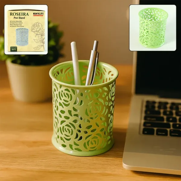 Khyati Roseira Metal Pen Stand – Elegant Floral Desk Organizer