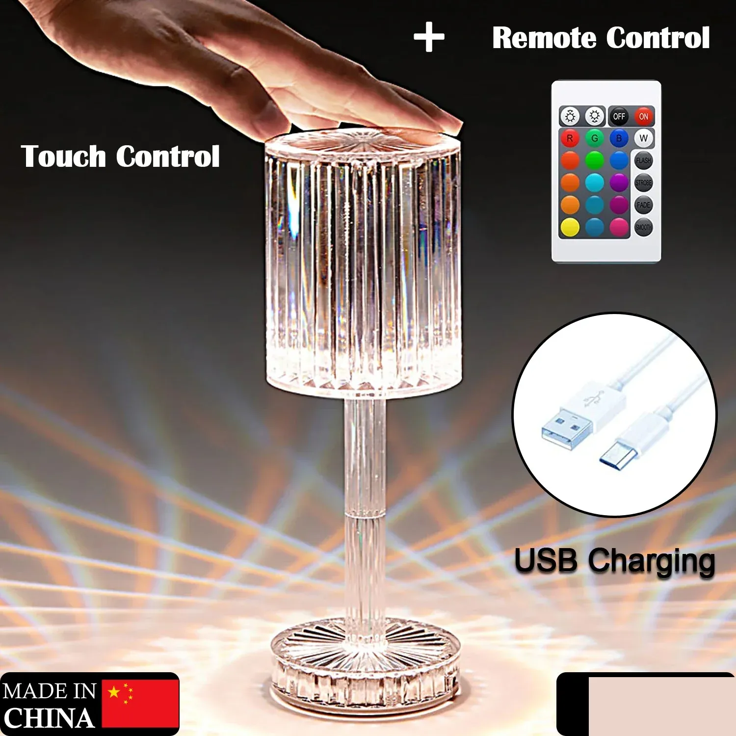 Crystal Table Lamp , Touch Control Atmosphere Nightstand Lamp With USB Charging Line - Detailed Feature View 1