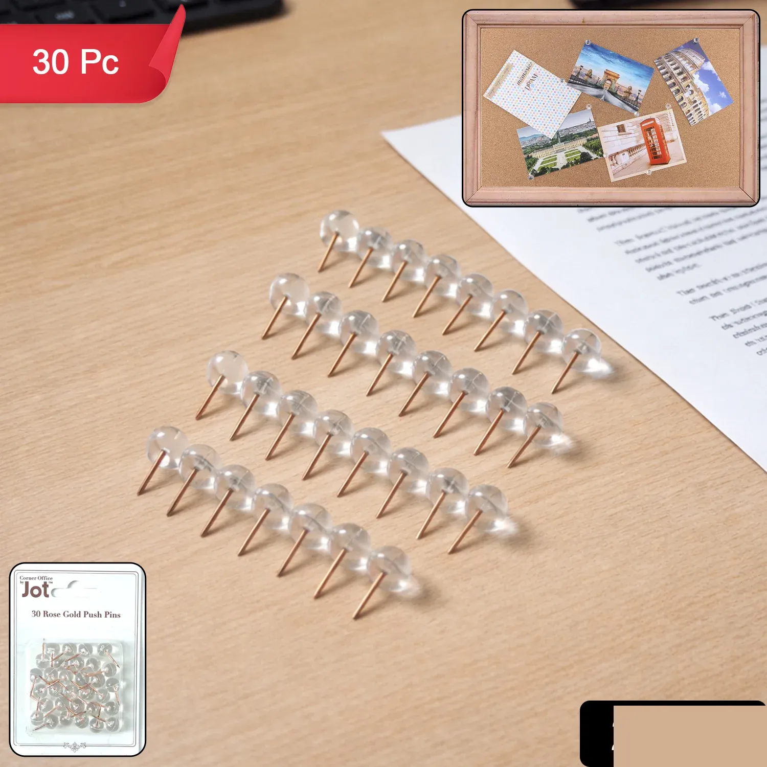 Transparent Crystal Head Push Pins Set for Notice Board (30 pc) - Detailed Feature View 1