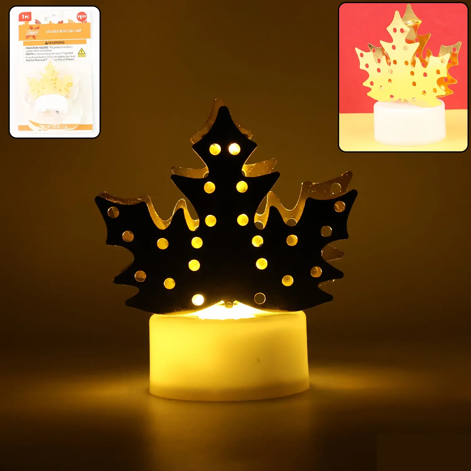 Christmas Decorative LED Gold Metal Leaf Diya Lamp, Diwali (1 Pc) - Detailed Feature View 2