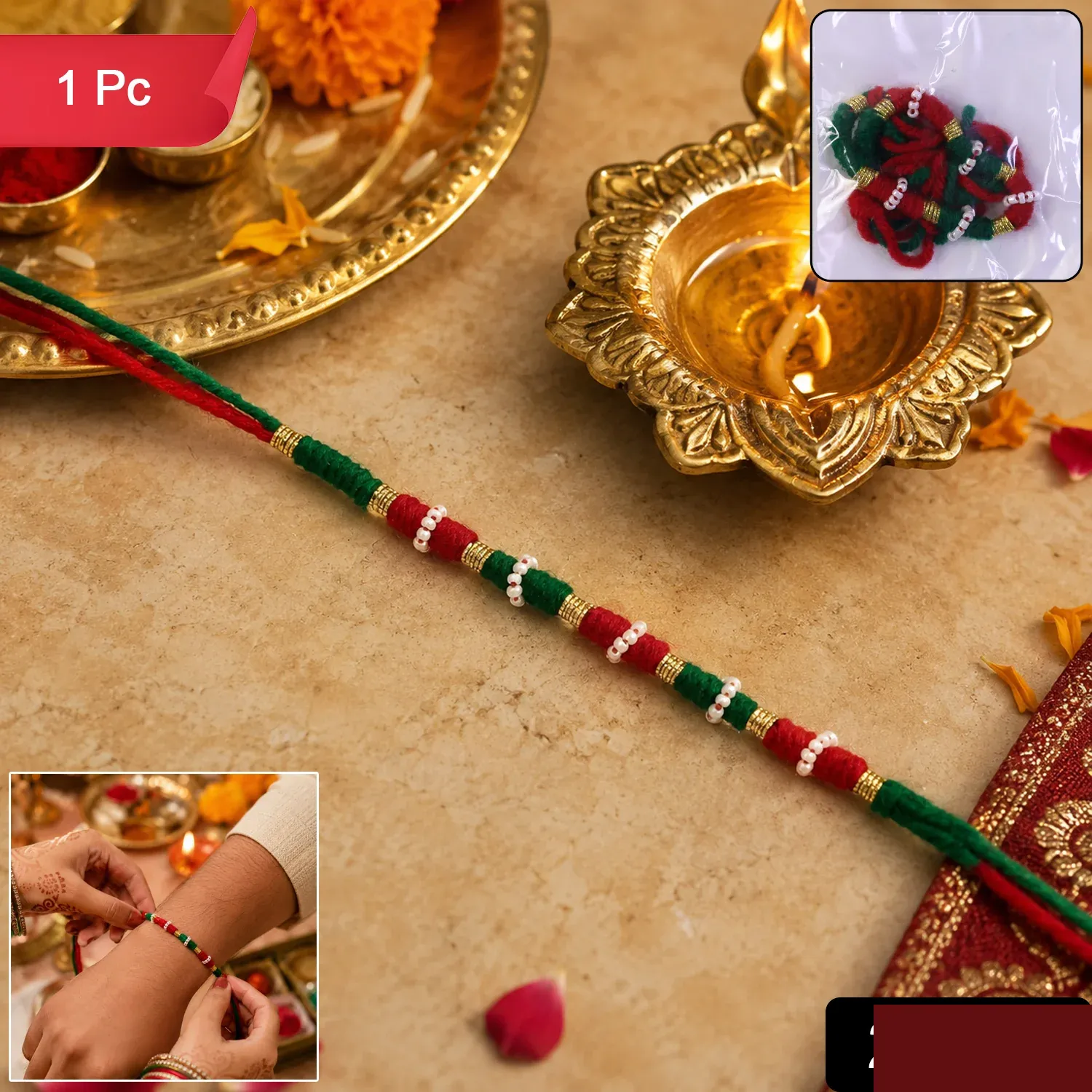 Designer Rakhi – Handmade with Golden Beads & Ethnic Threads - Detailed Feature View 1