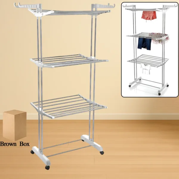 Cloth Drying Stand – 3-Tier Foldable Stainless Steel with Wheels