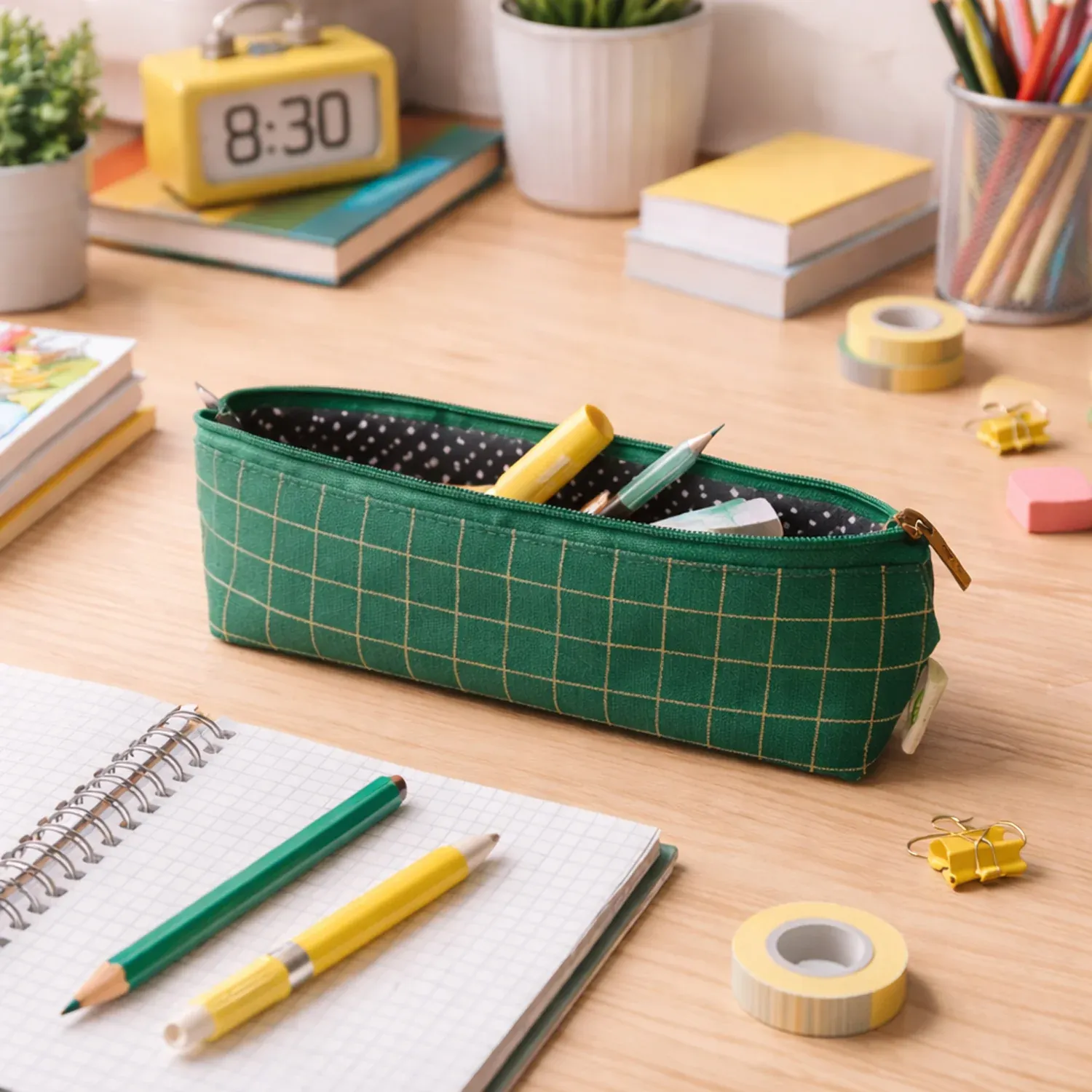 Premium Premium Green Grid Printed Zipper Pencil Pouch Organizer (1 Pc) - Buy Online at Alikart