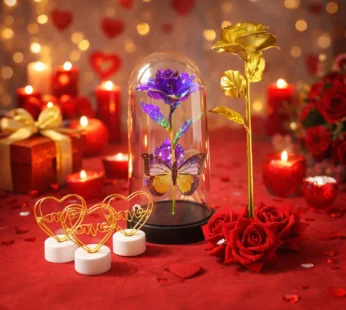 Romantic Gift Set with Glass Dome Rose & LED Décor