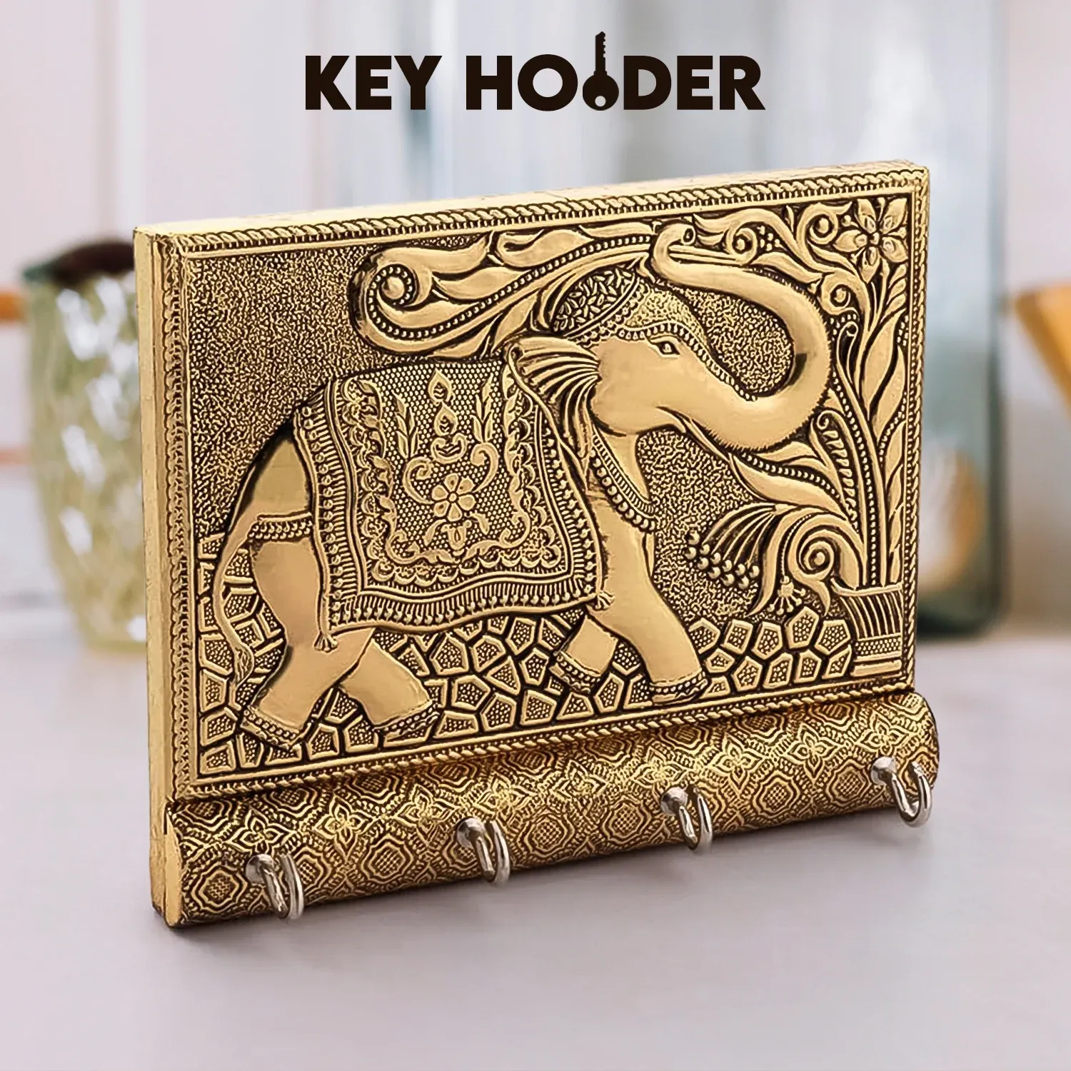 Premium Elephant Key Holder – Wooden & Gold Wall Mount for Home | Styleva - Buy Online at Alikart