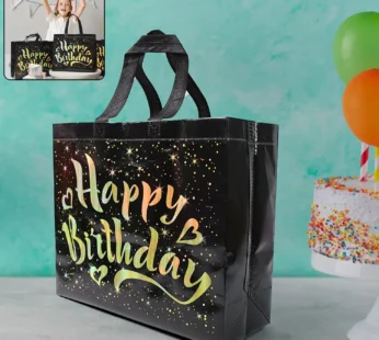 Birthday Gift Bag with Gold Stars – Reusable Black Tote