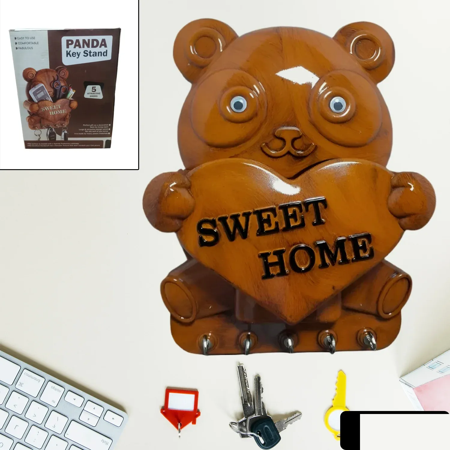 Panda Key Holder – 5-Hook Wall Mount Organiser | GlimmerHome - Detailed Feature View 1
