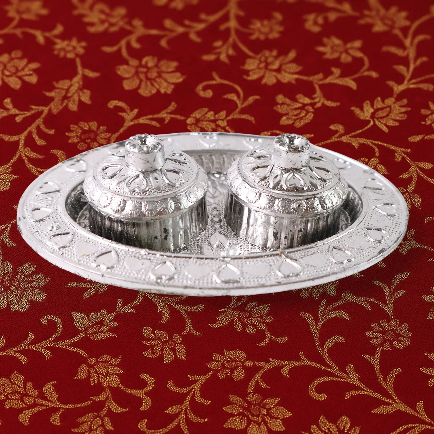 Oval Shape Special Puja Thali with Kumkum Holders - 1 Pc Mix Design - Detailed Feature View 2