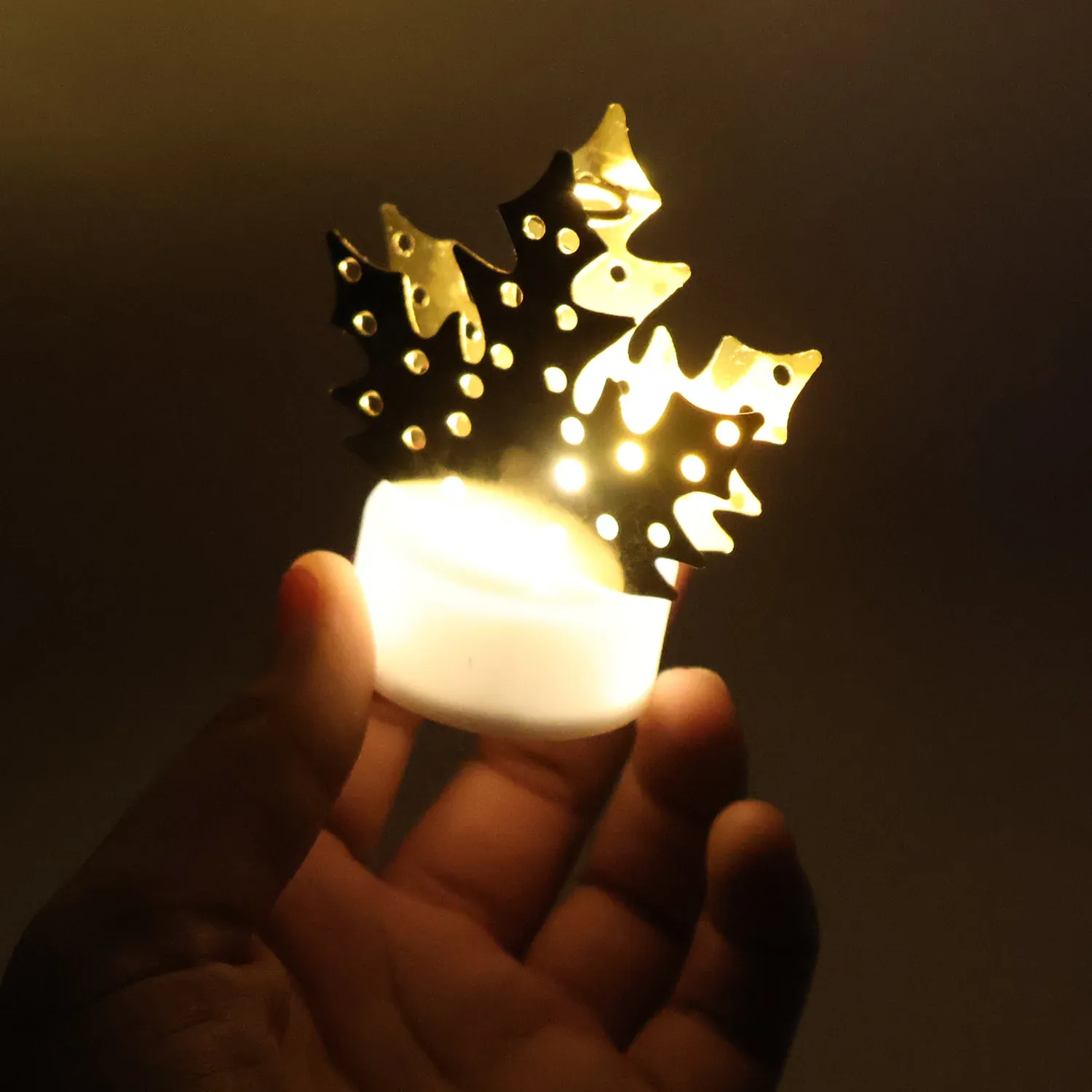 Christmas Decorative LED Gold Metal Leaf Diya Lamp, Diwali (1 Pc) - Detailed Feature View 4