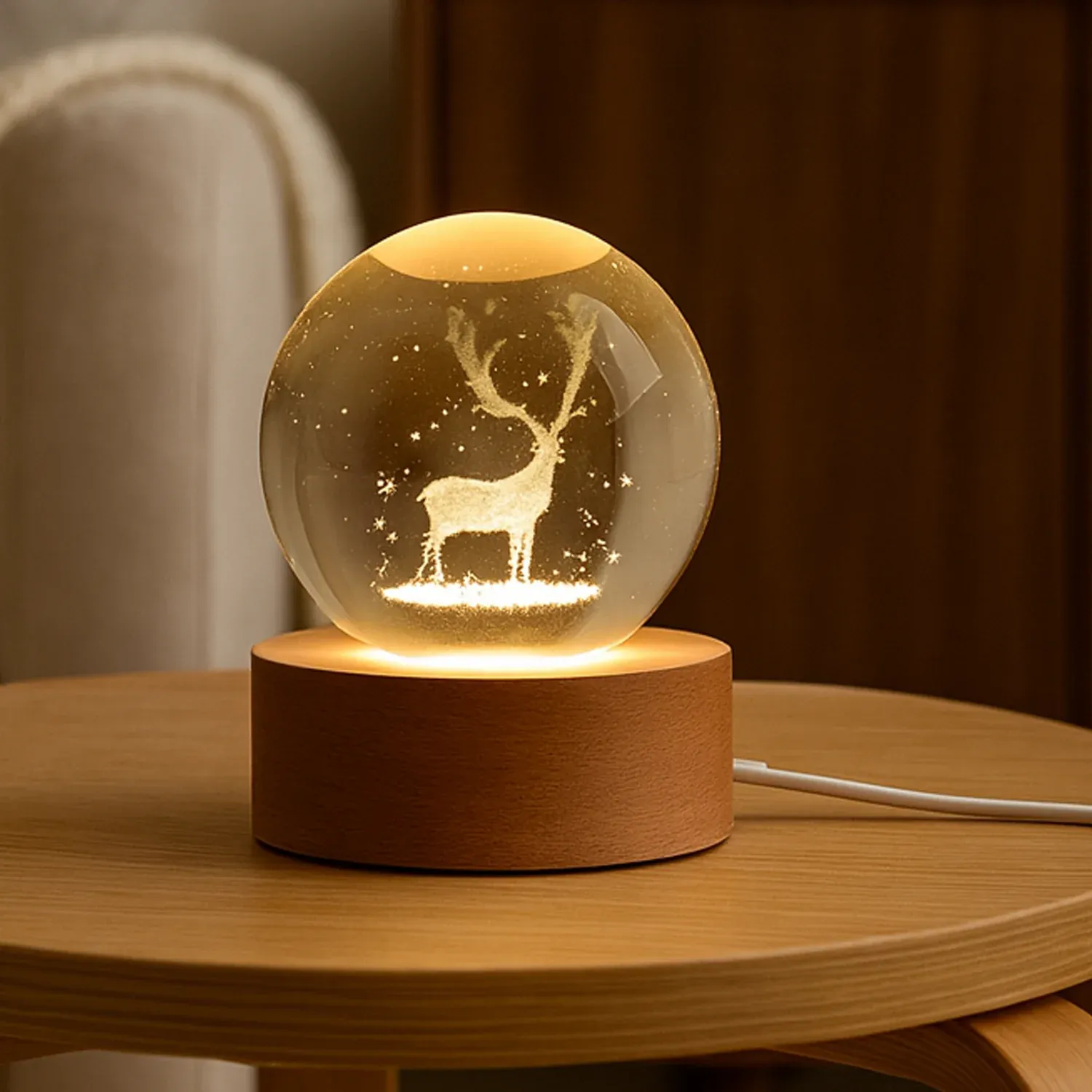 Premium Crystal Ball Night Light Glass Ball Night Lamp with Wood Base - Buy Online at Alikart