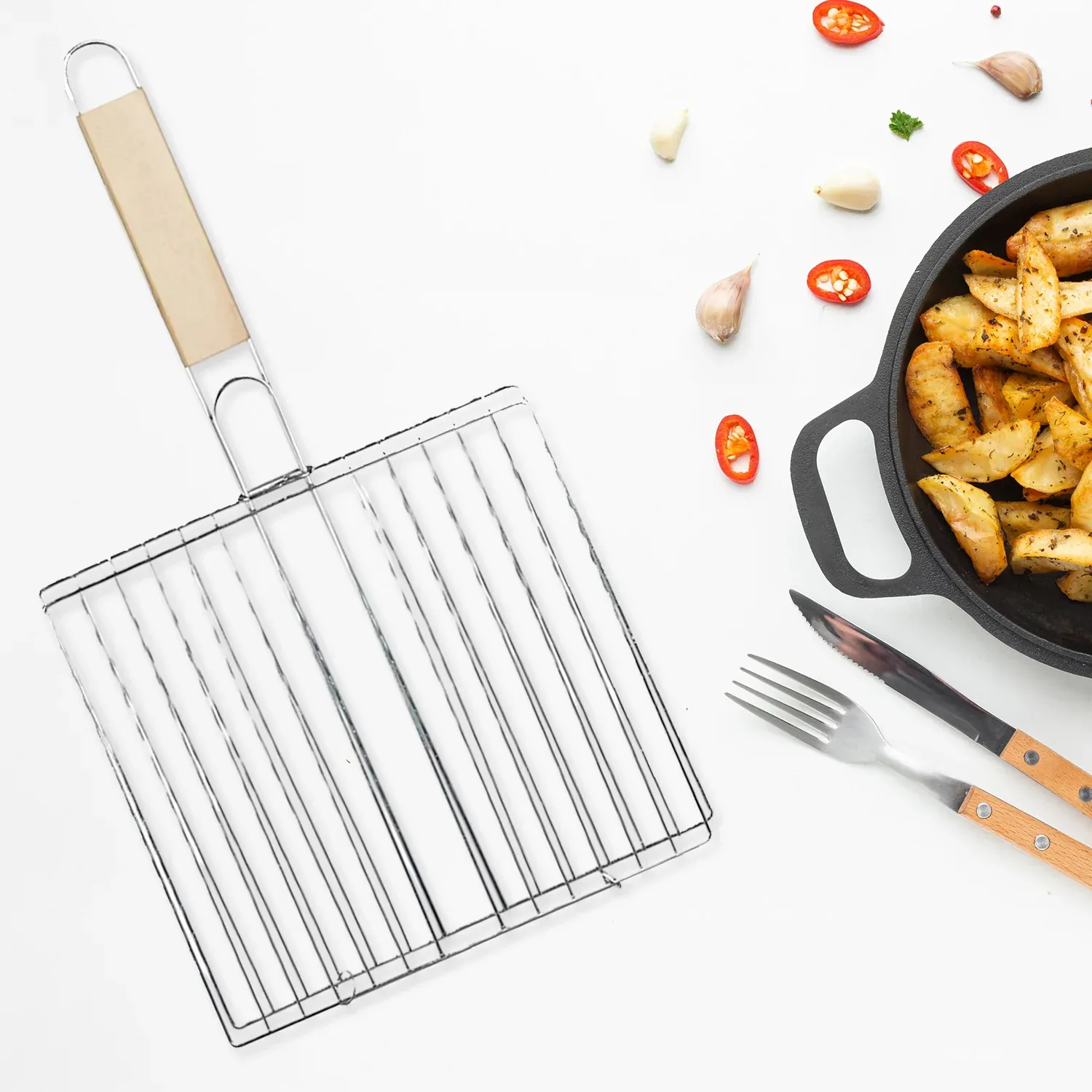 Barbecue Grill – Foldable, Non-Stick with Wooden Handle | CookAura - Detailed Feature View 3