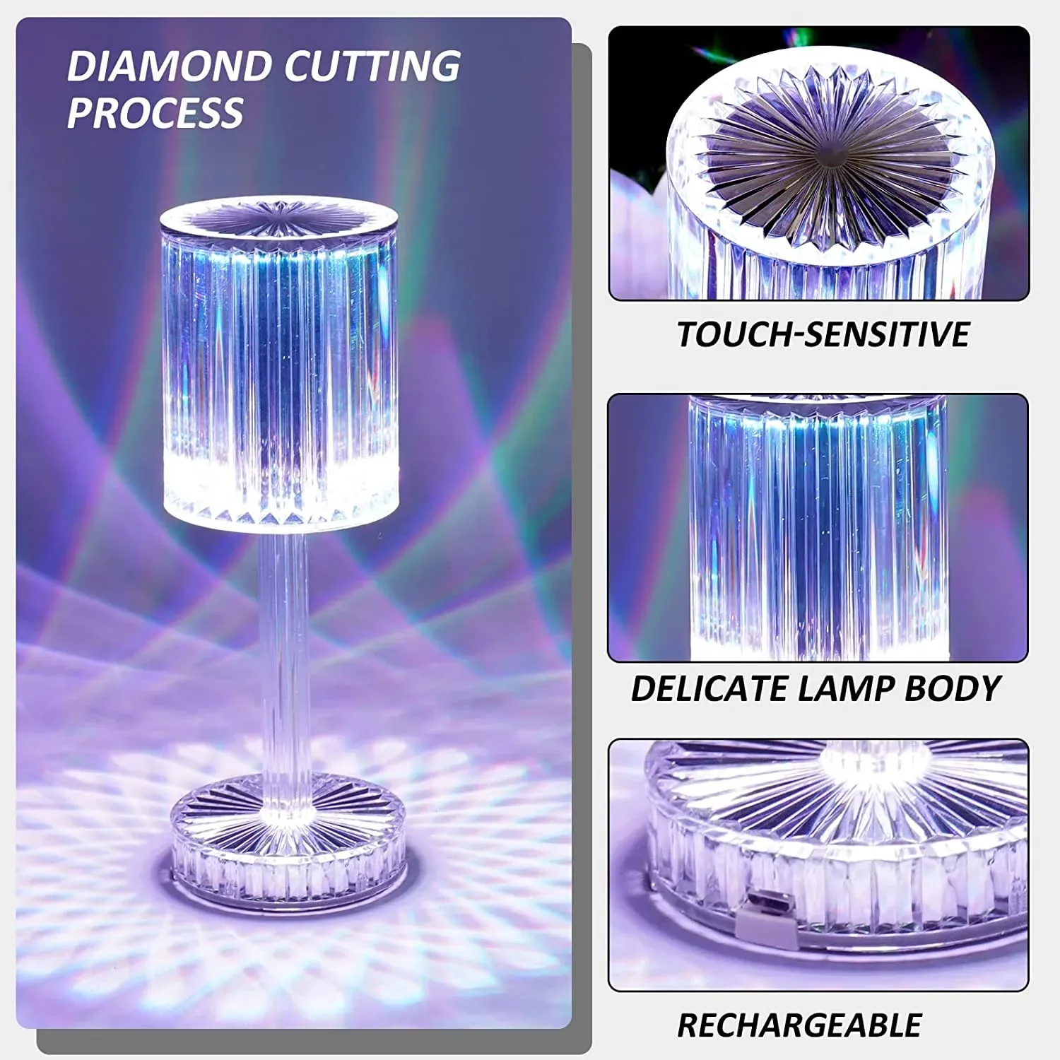 Crystal Table Lamp , Touch Control Atmosphere Nightstand Lamp With USB Charging Line - Detailed Feature View 6