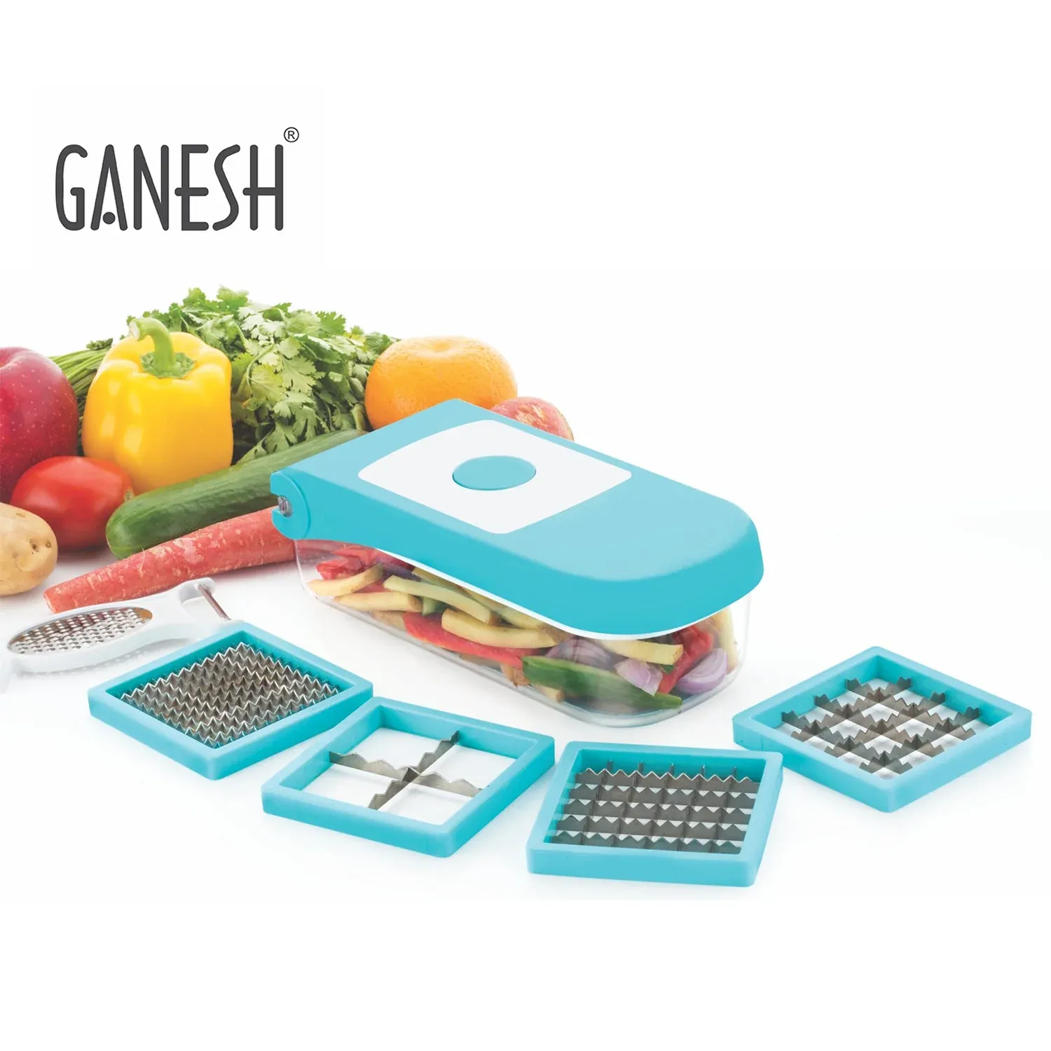 Ganesh 7-in-1 Blue Plastic Vegetable Dicer with Stainless Steel Blades - Detailed Feature View 6