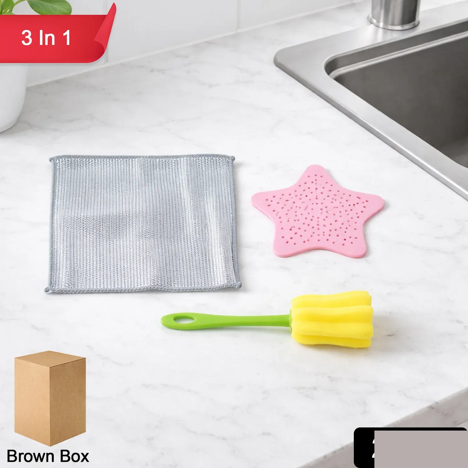 Kitchen Cleaning Set – 3-in-1 Combo with Scrub Pad & Bottle Brush - Detailed Feature View 1