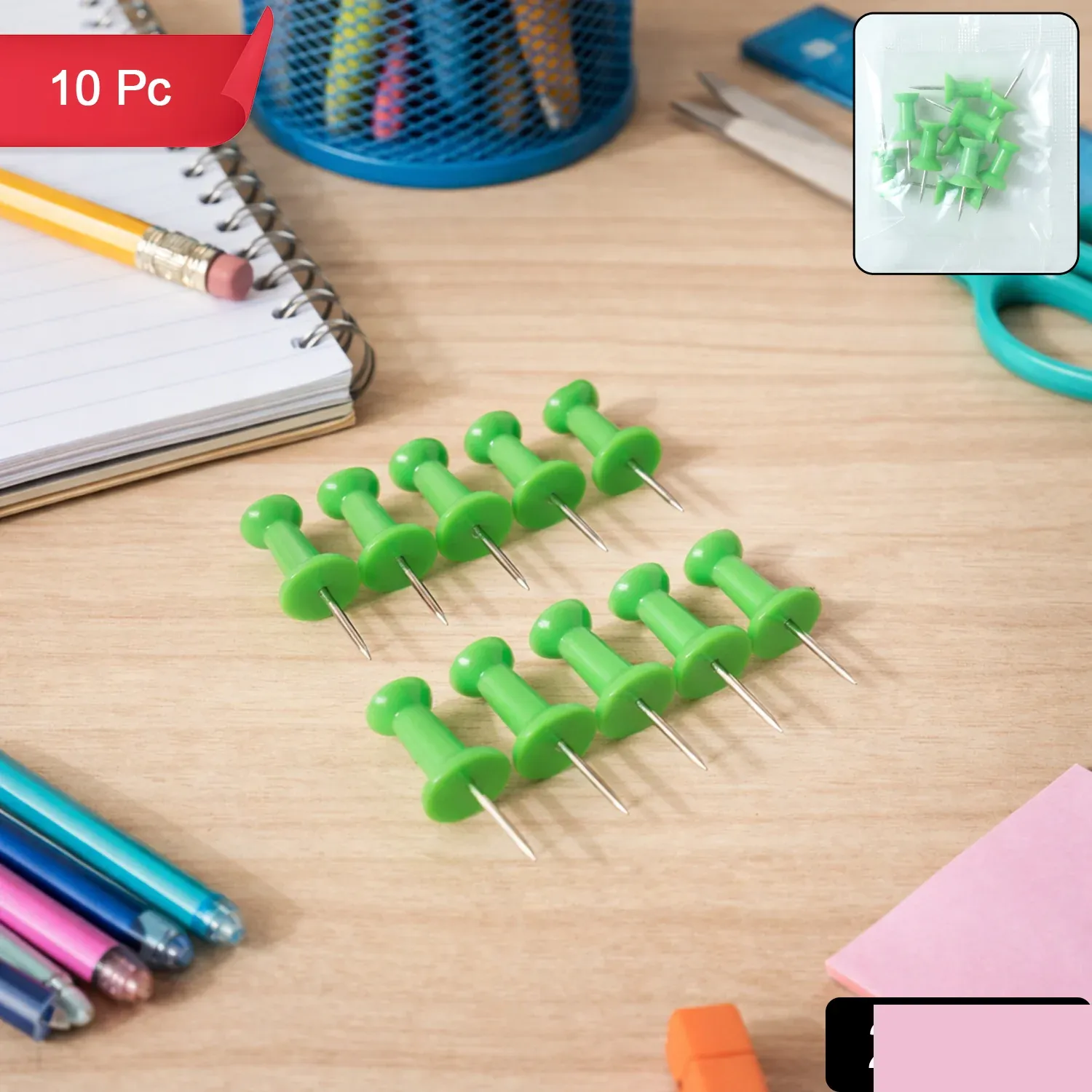 Green Plastic Push Pins Thumb Tacks for Notice Boards - 10 Pc - Detailed Feature View 1