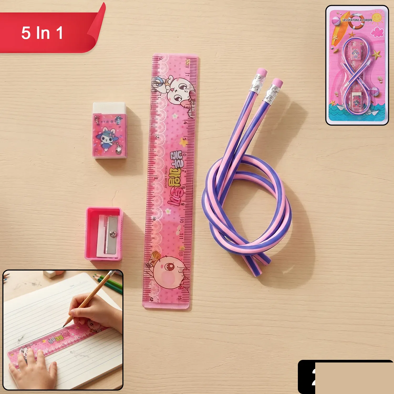 Kids 5-in-1 School Stationery Kit with Flexible Pencils - Detailed Feature View 1