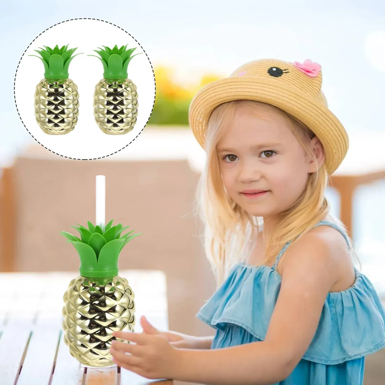 Plastic Pineapple Cup with Straw - 16.7 oz Tropical Party Favor - Detailed Feature View 4