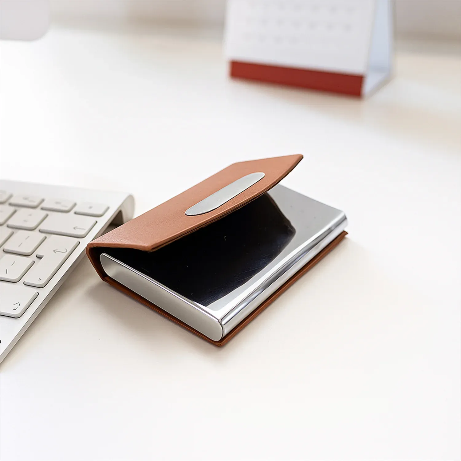 Premium Leather & Stainless Steel Business Card Holder - Detailed Feature View 6