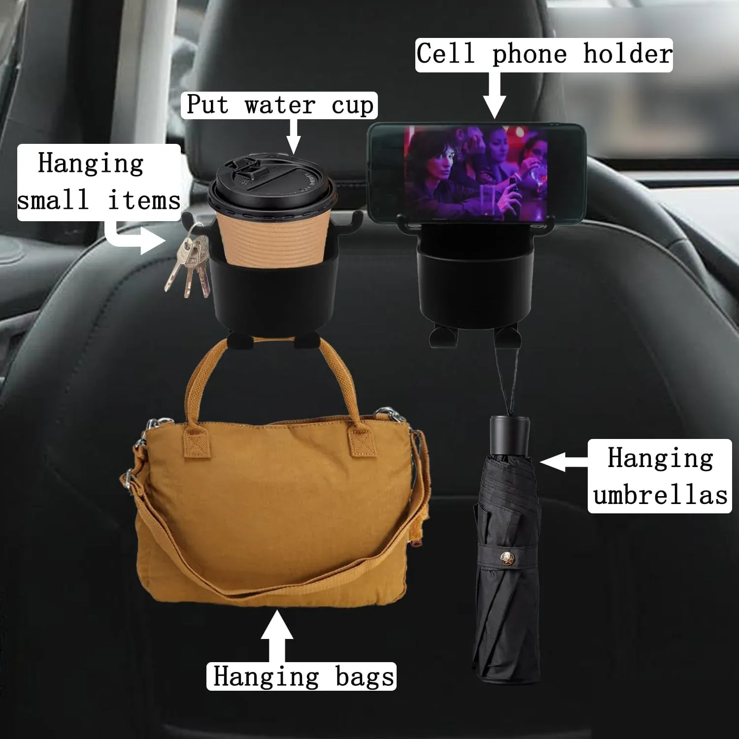 3-in-1 Car Headrest Backseat Organizer with Phone Holder & Hooks for Travel - Detailed Feature View 5