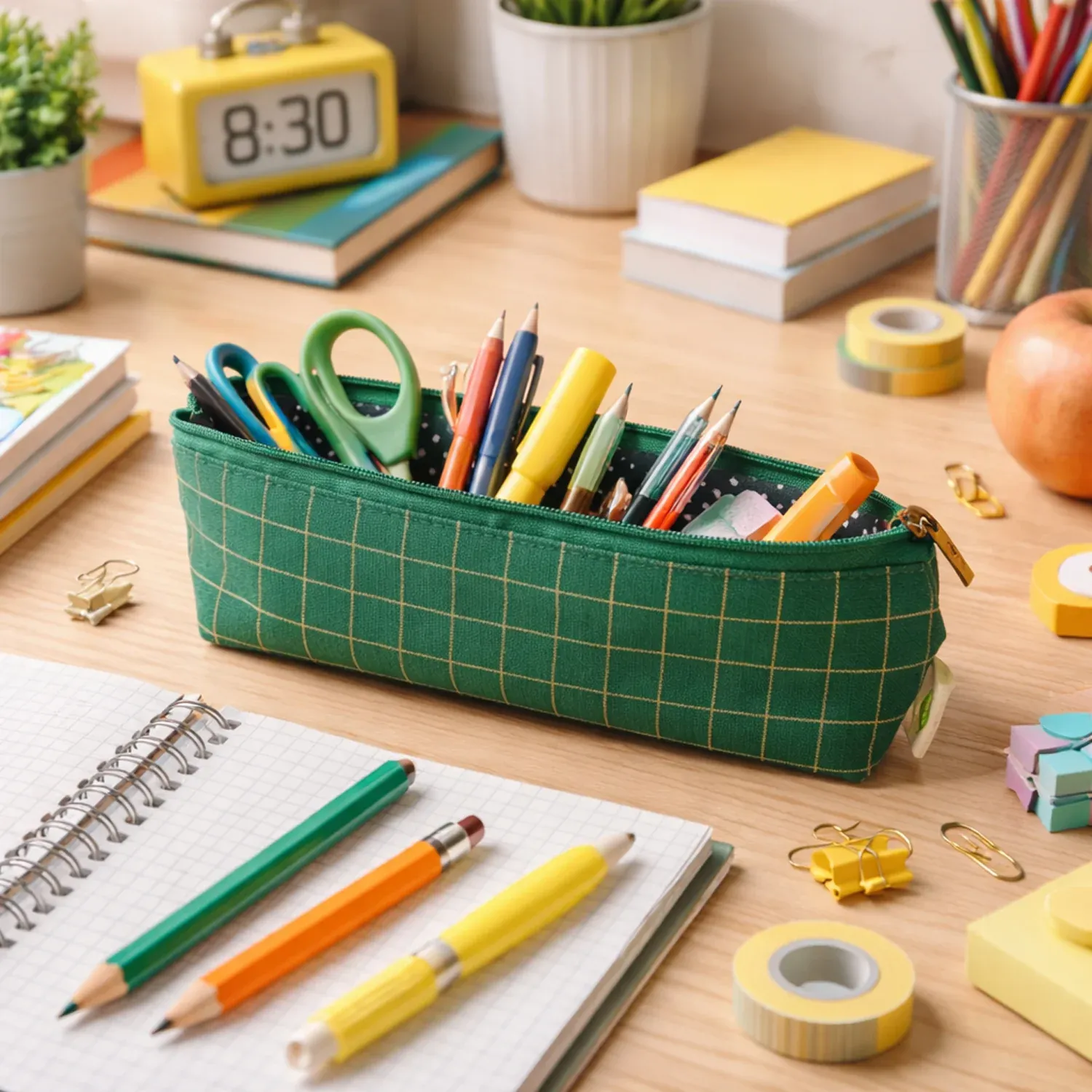 Premium Green Grid Printed Zipper Pencil Pouch Organizer (1 Pc) - Detailed Feature View 2