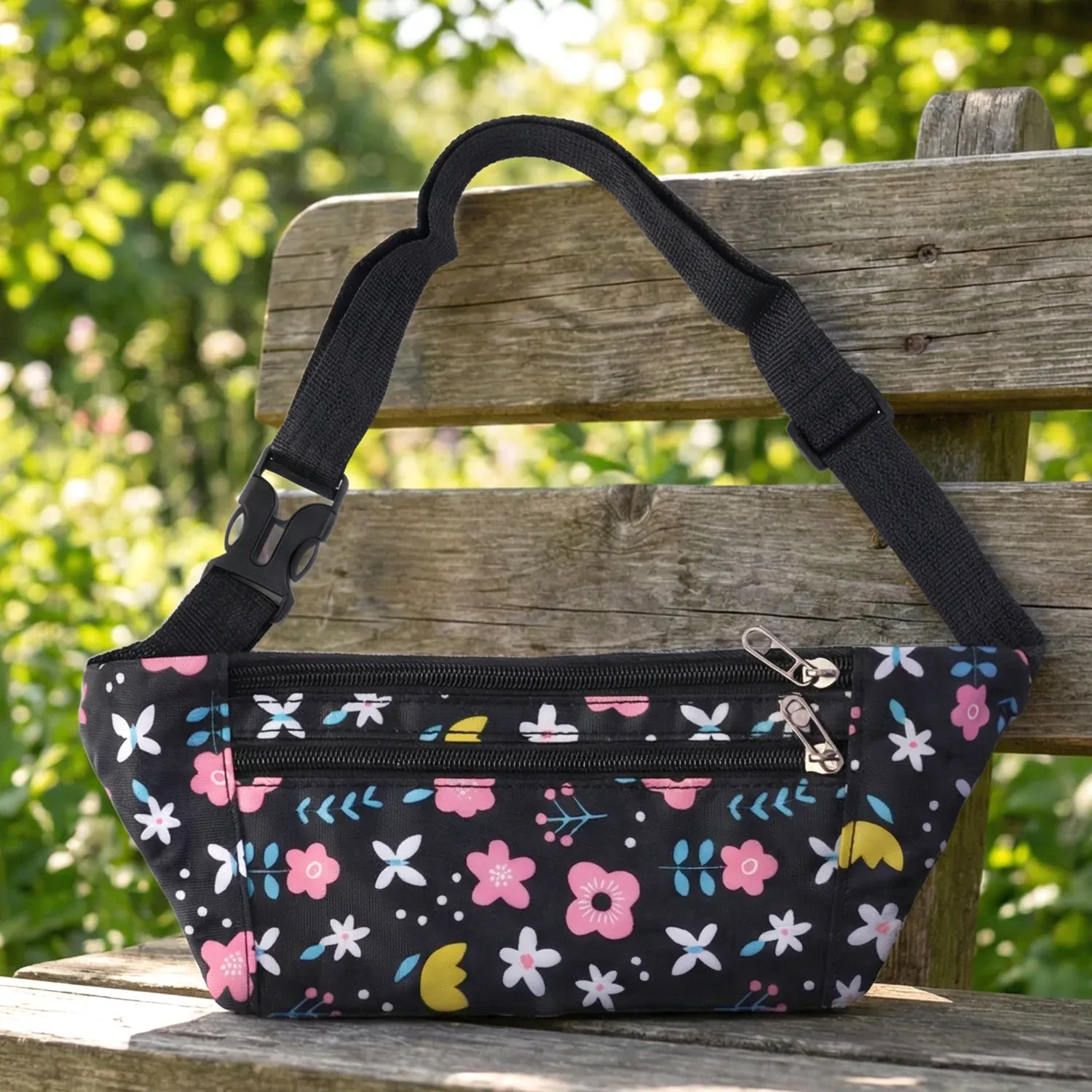 Floral Print Adjustable Waist Bag with Multiple Zipper Pockets - Detailed Feature View 2