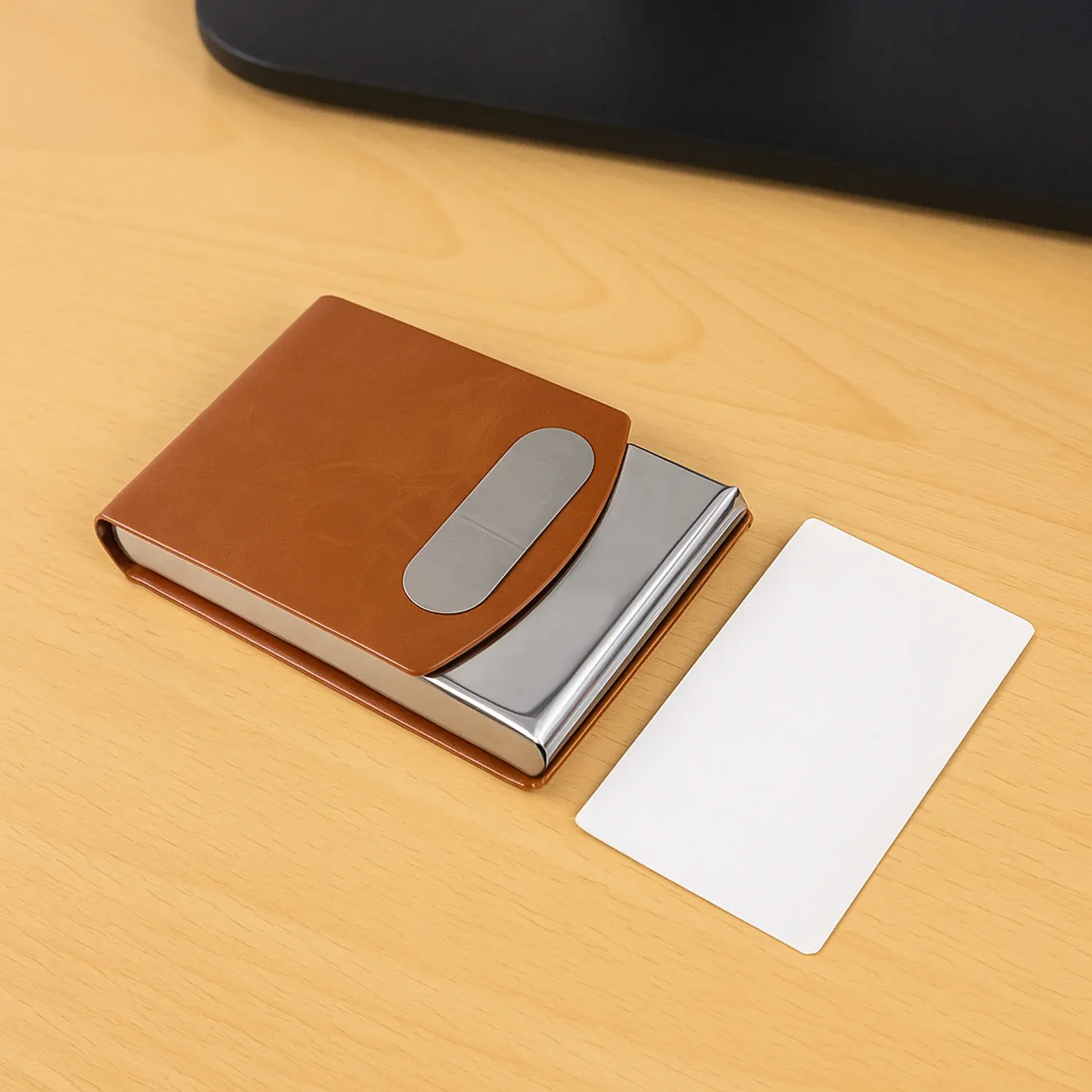 Premium Leather-Finish Business Card Holder with Stainless Steel Case - Detailed Feature View 5