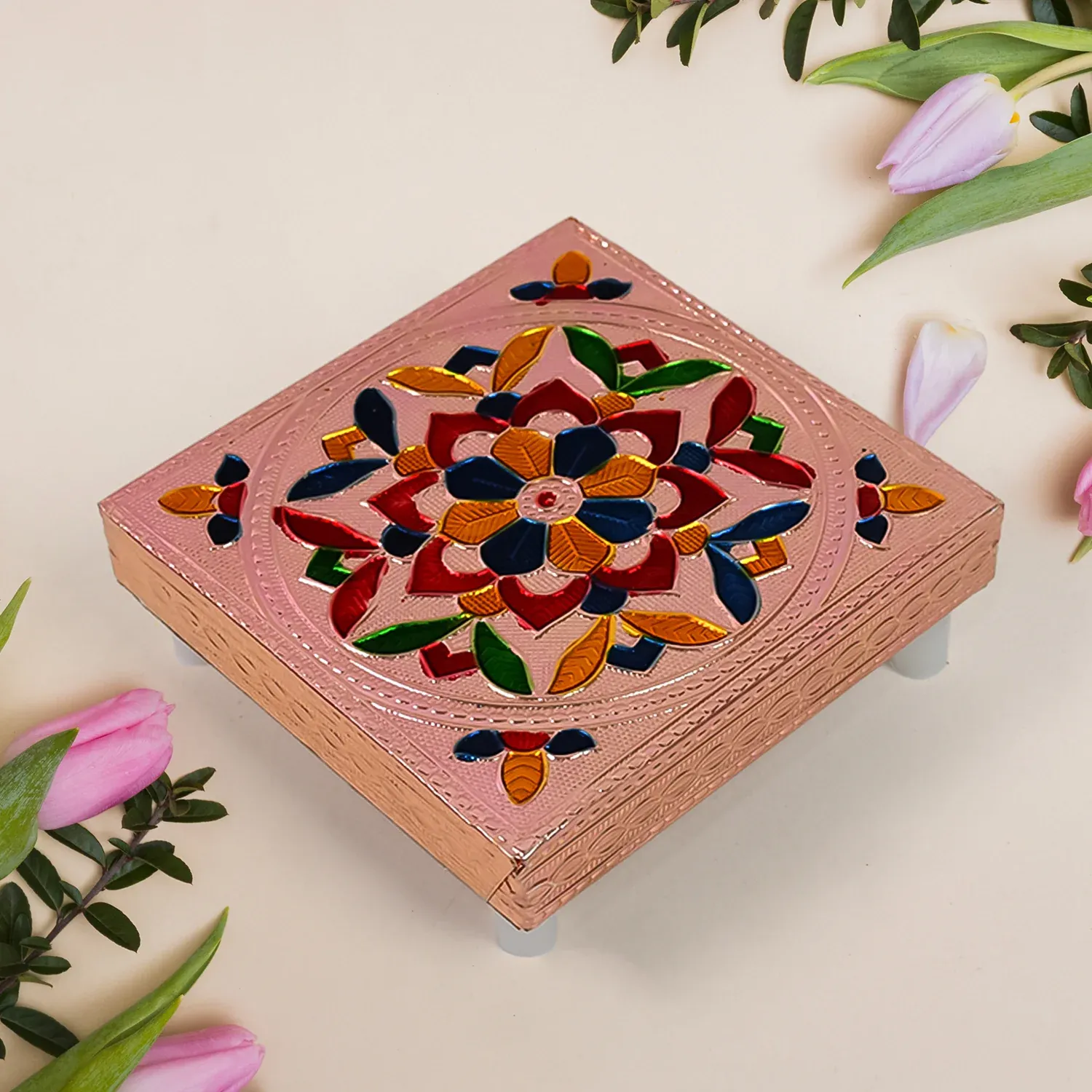 Meenakari Puja Chowki – Handcrafted Wooden Bajot Set | VoltDesk - Detailed Feature View 2