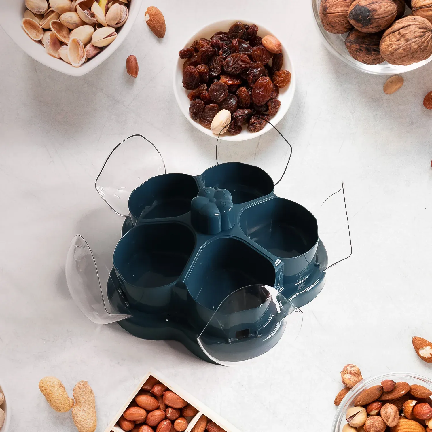 Lotus Shape Rotating Dry Fruit Snack Organizer – Multi-Compartment - Detailed Feature View 2
