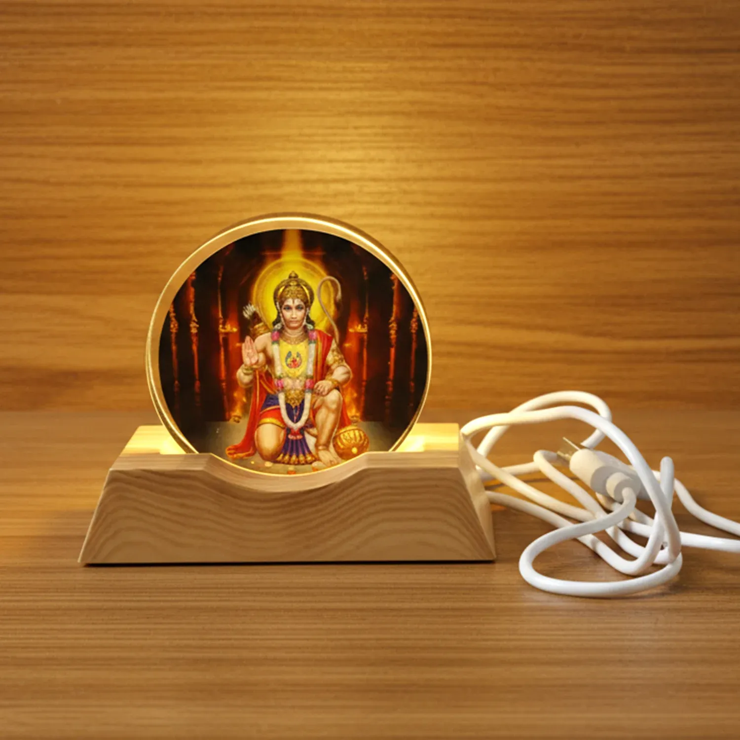 3D Hanuman Ji Acrylic LED Night Lamp with Wooden Base - Detailed Feature View 3