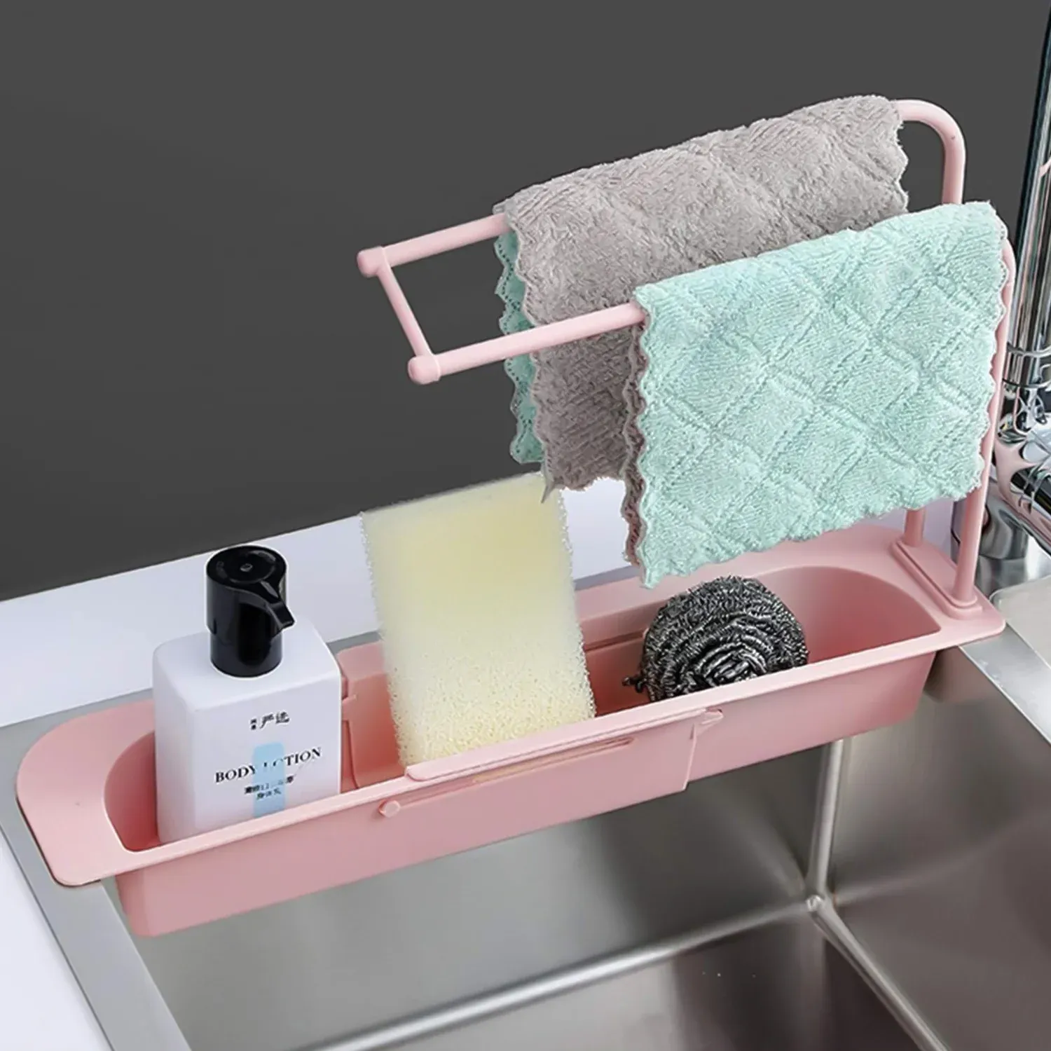 Expandable Sink Caddy – Dual Towel Bars & Drip Tray for Kitchen - Detailed Feature View 1