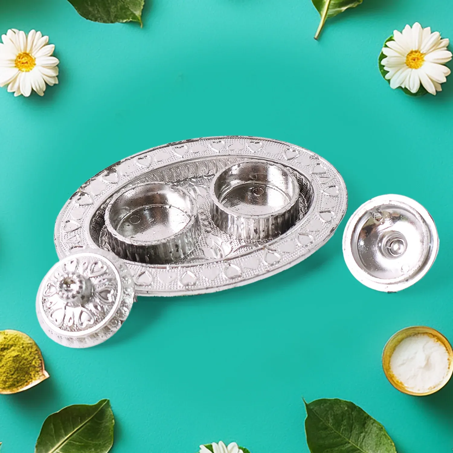 Oval Shape Special Puja Thali with Kumkum Holders - 1 Pc Mix Design - Detailed Feature View 3