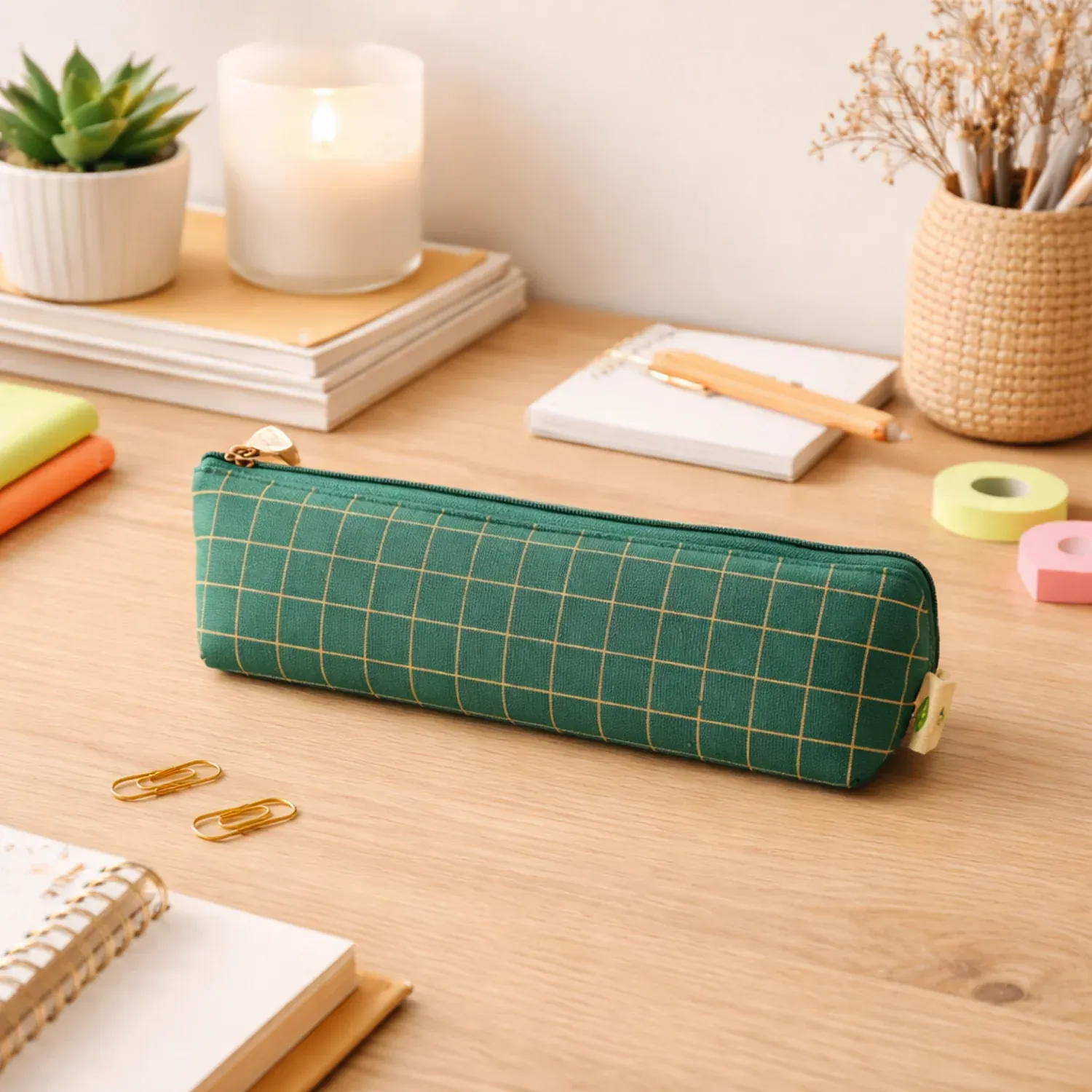 Premium Green Grid Printed Zipper Pencil Pouch Organizer (1 Pc) - Detailed Feature View 4
