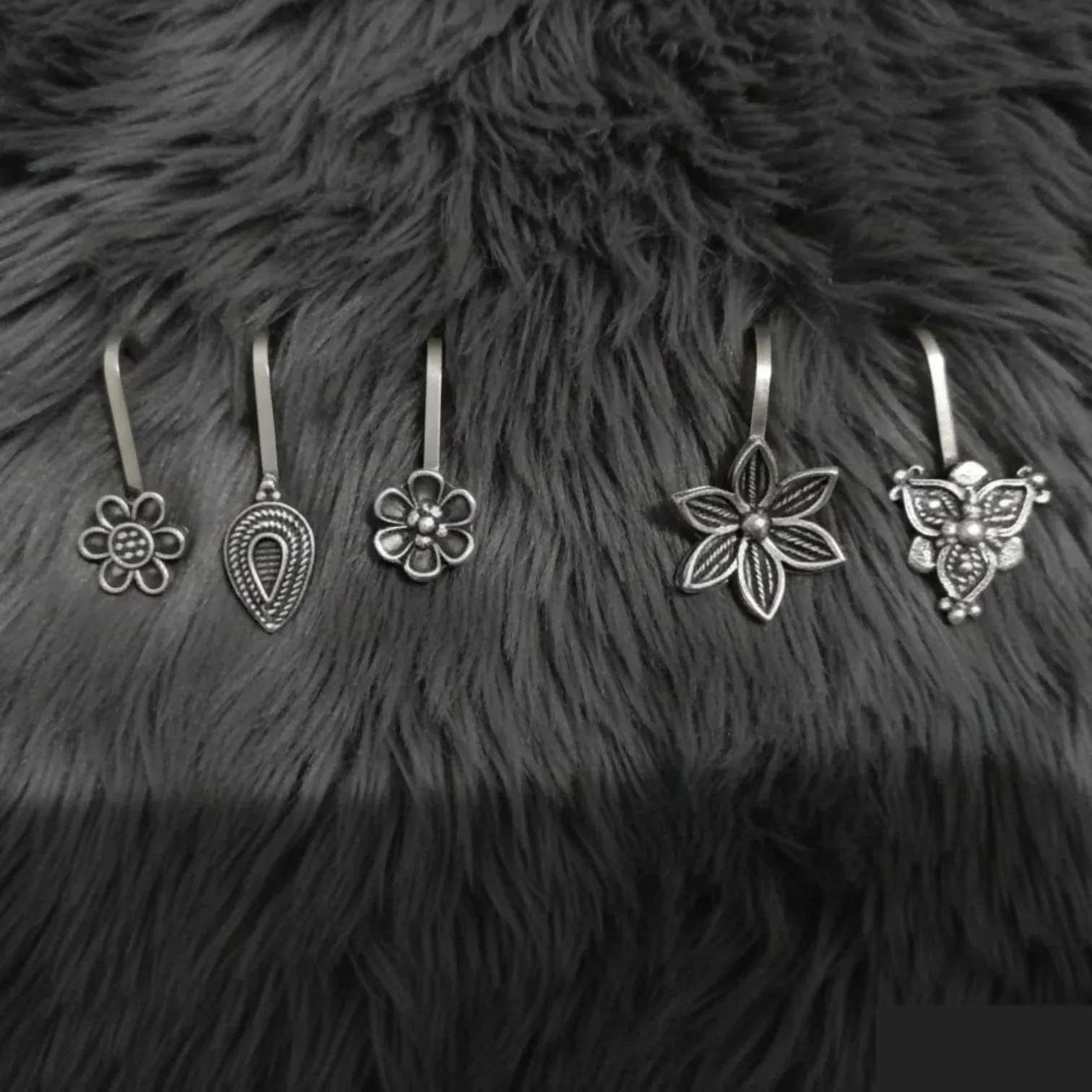 Premium Oxidized Silver Traditional Floral Nose Pins Combo for Women & Girls (Pack of 5) - Buy Online at Alikart