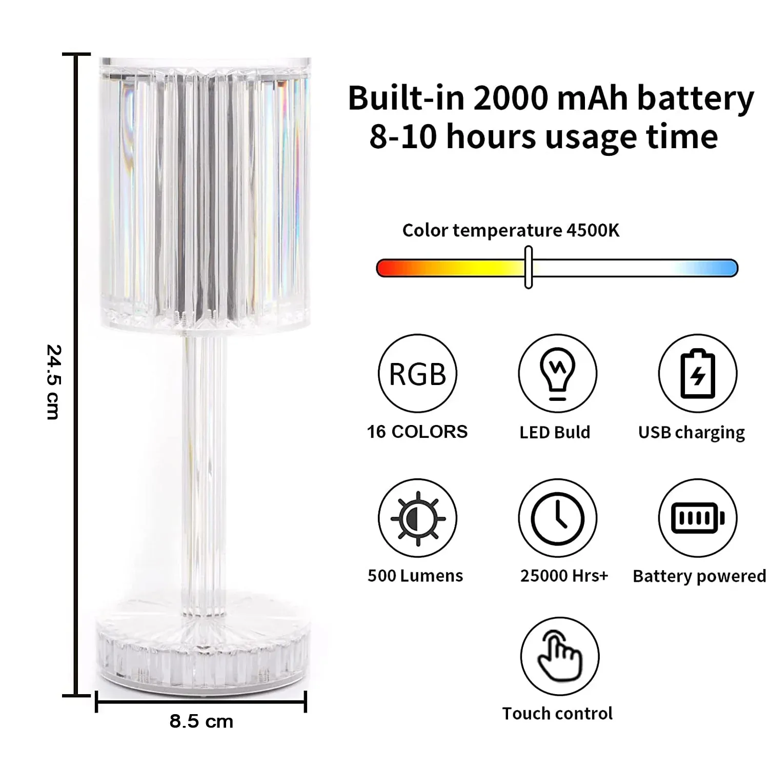 Crystal Table Lamp , Touch Control Atmosphere Nightstand Lamp With USB Charging Line - Detailed Feature View 5