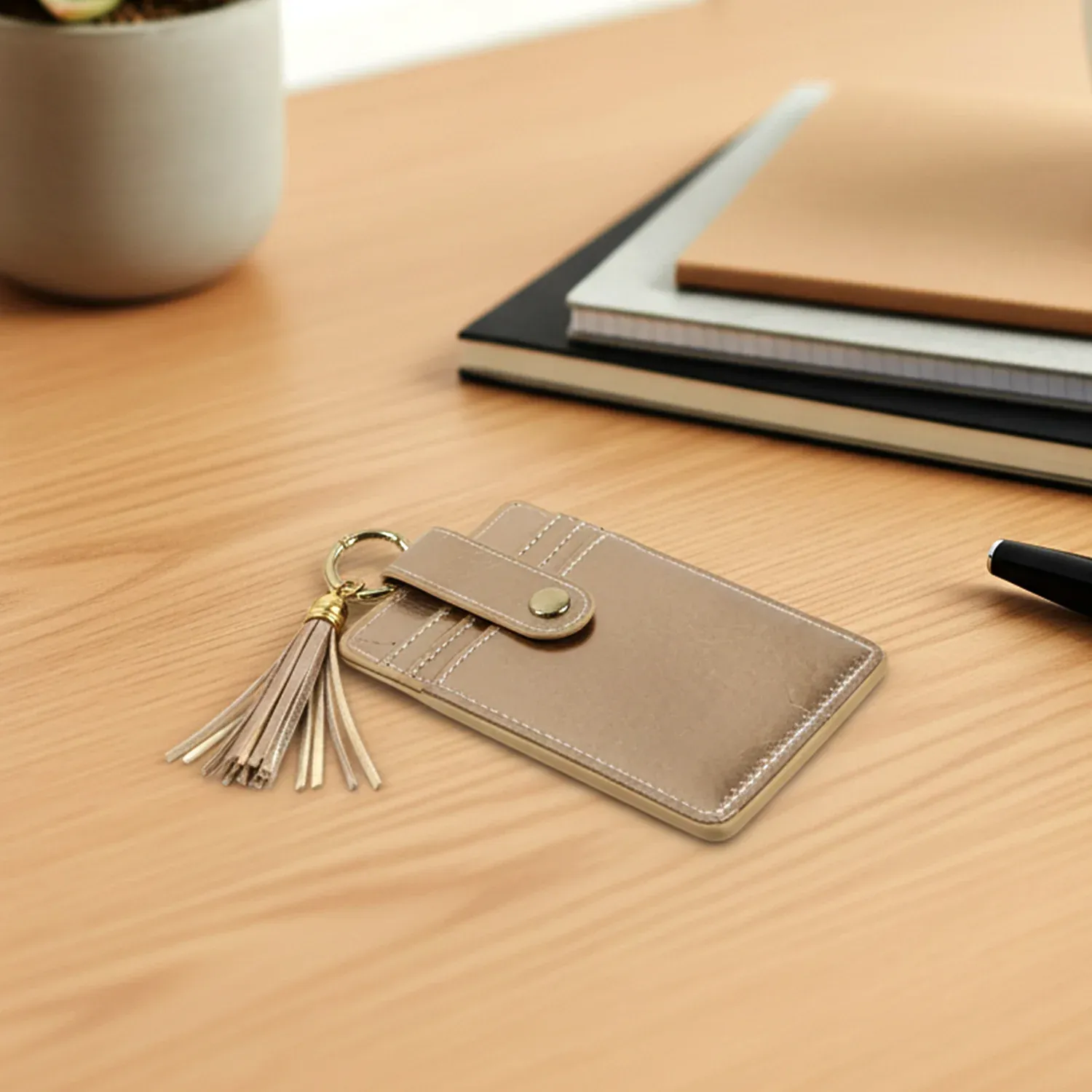 PU Leather Card Holder Wallet with Button Strap & ID Window - Detailed Feature View 2