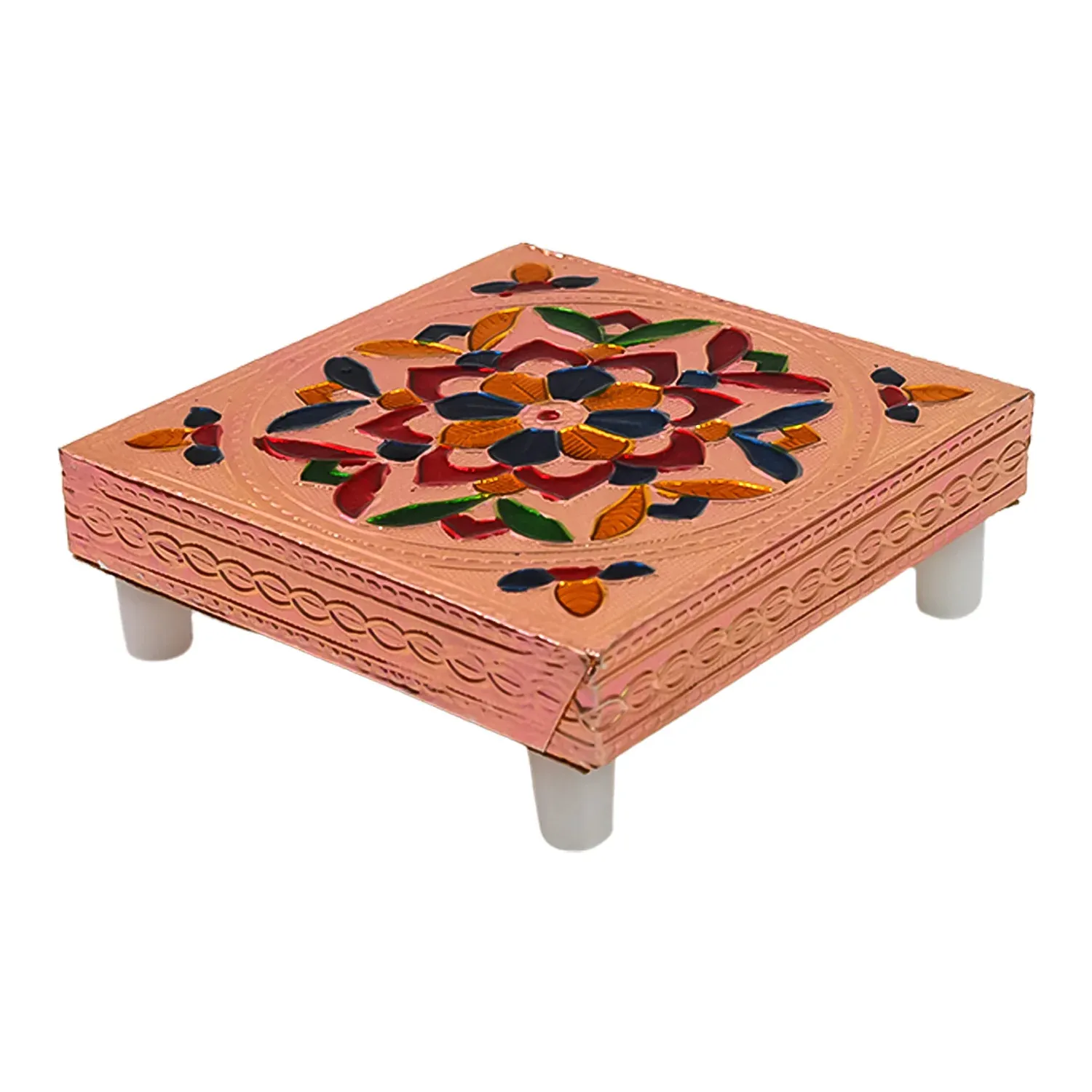 Meenakari Puja Chowki – Handcrafted Wooden Bajot Set | VoltDesk - Detailed Feature View 4