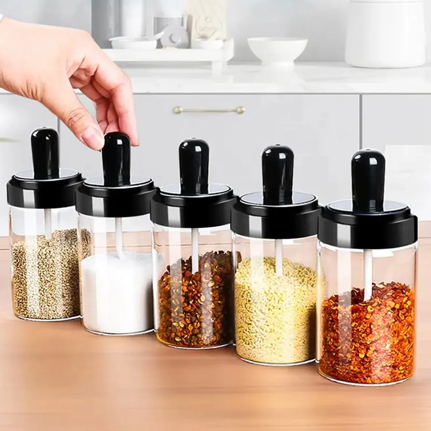 Glass Spice Jar with Attached Spoon - Leakproof Masala Box - Detailed Feature View 5