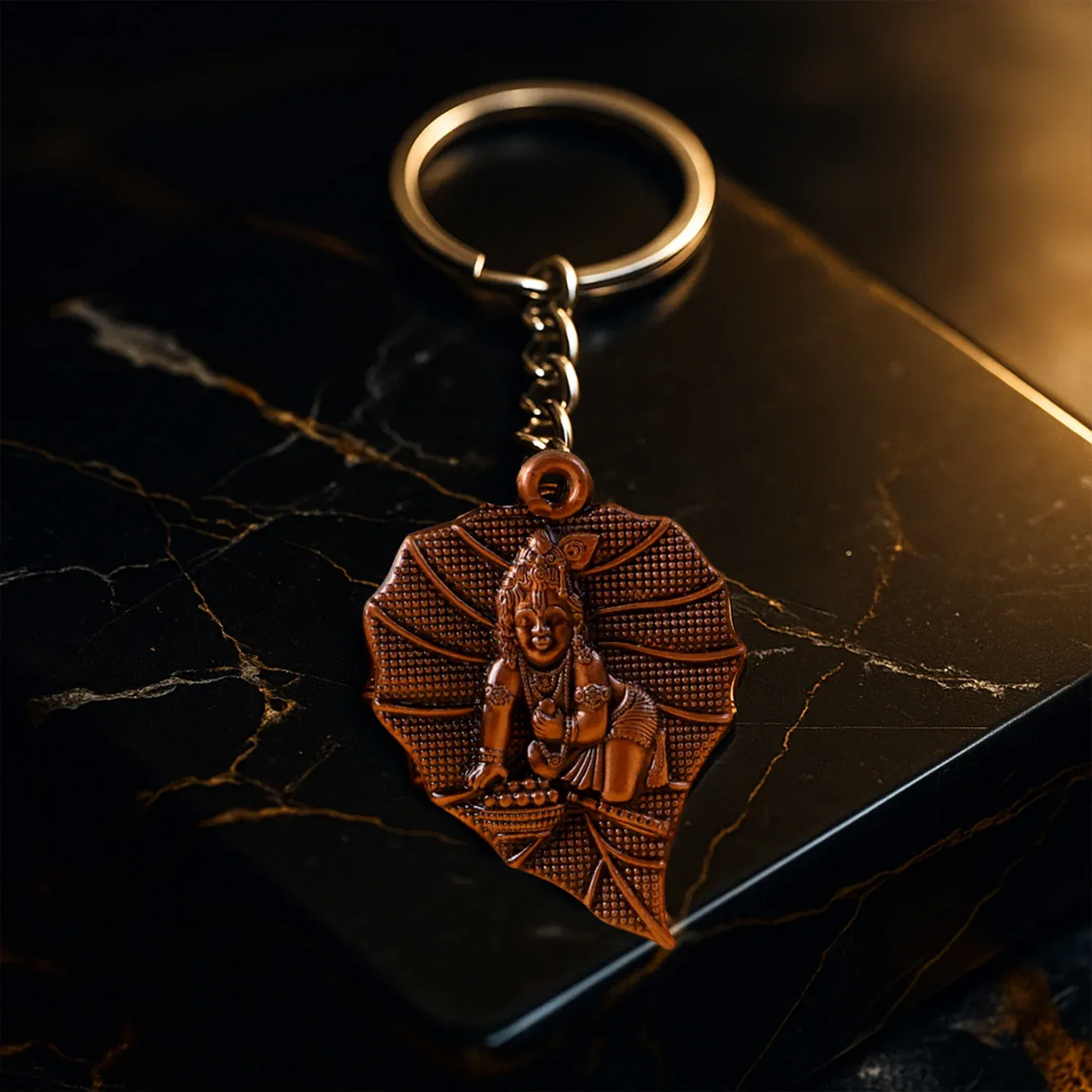 Antique Bronze Bal Krishna Peepal Leaf Metal Keychain – 1 Pc - Detailed Feature View 5