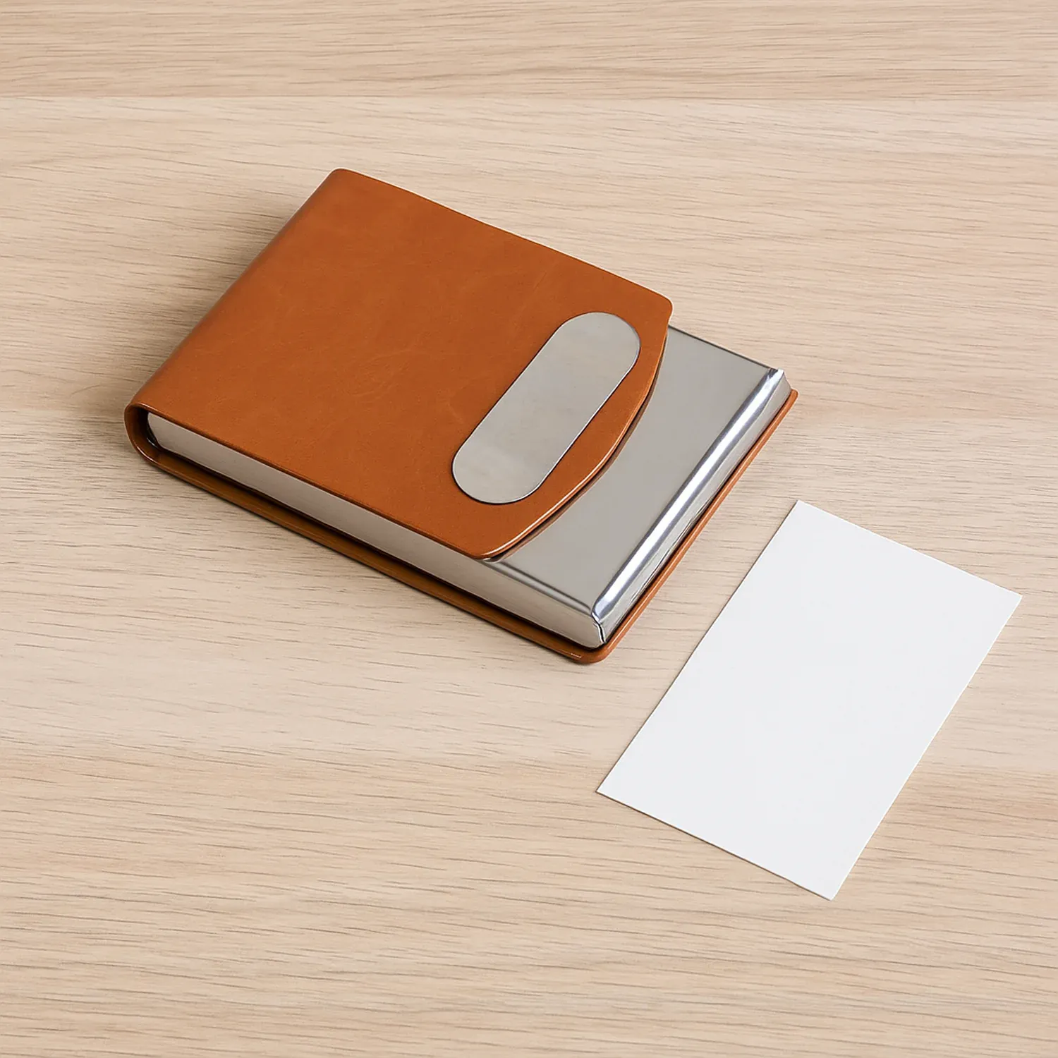 Premium Leather-Finish Business Card Holder with Stainless Steel Case - Detailed Feature View 3