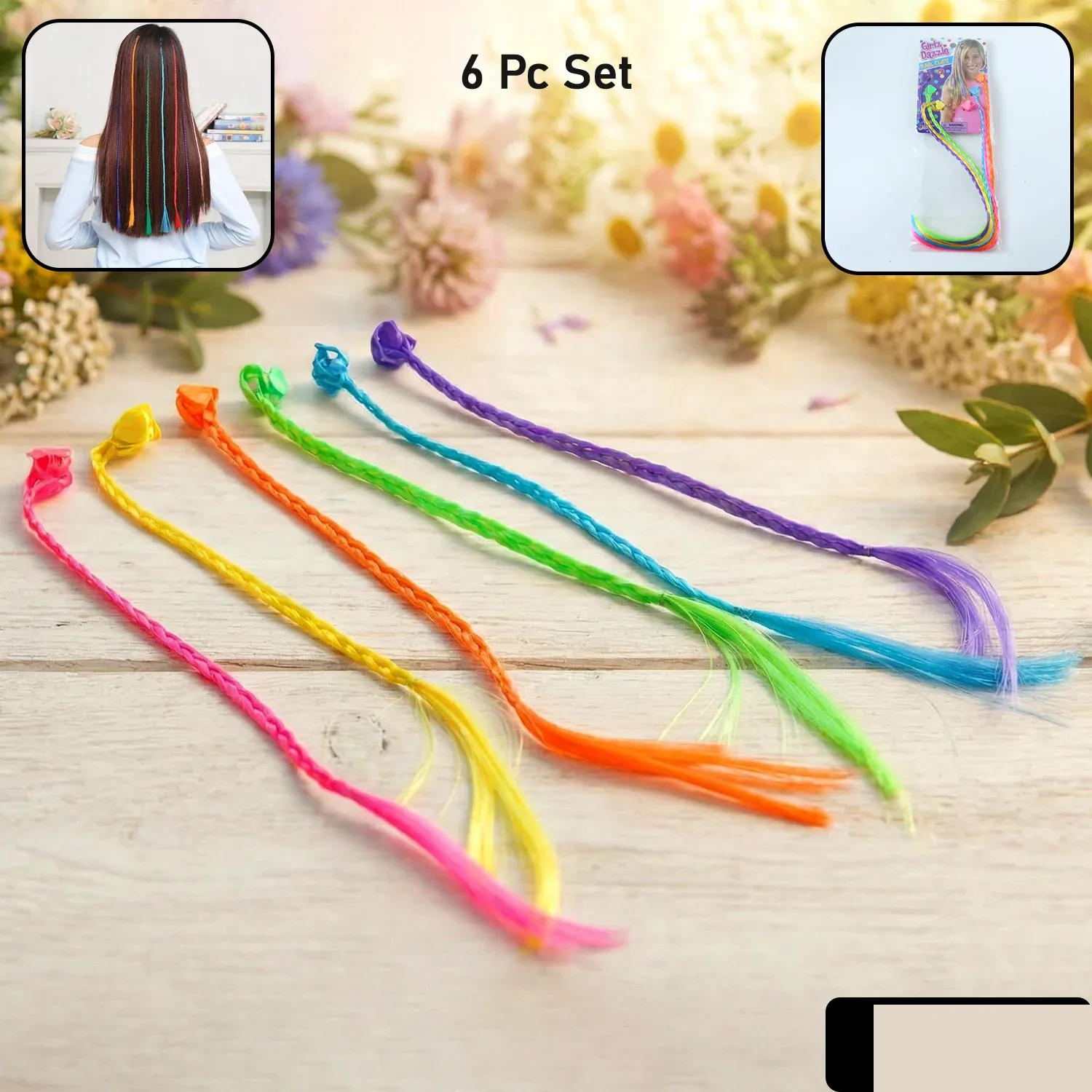 Colourful Braided Clip-In Hair Extensions for Girls & Kids, 6 Pc Set - Detailed Feature View 1