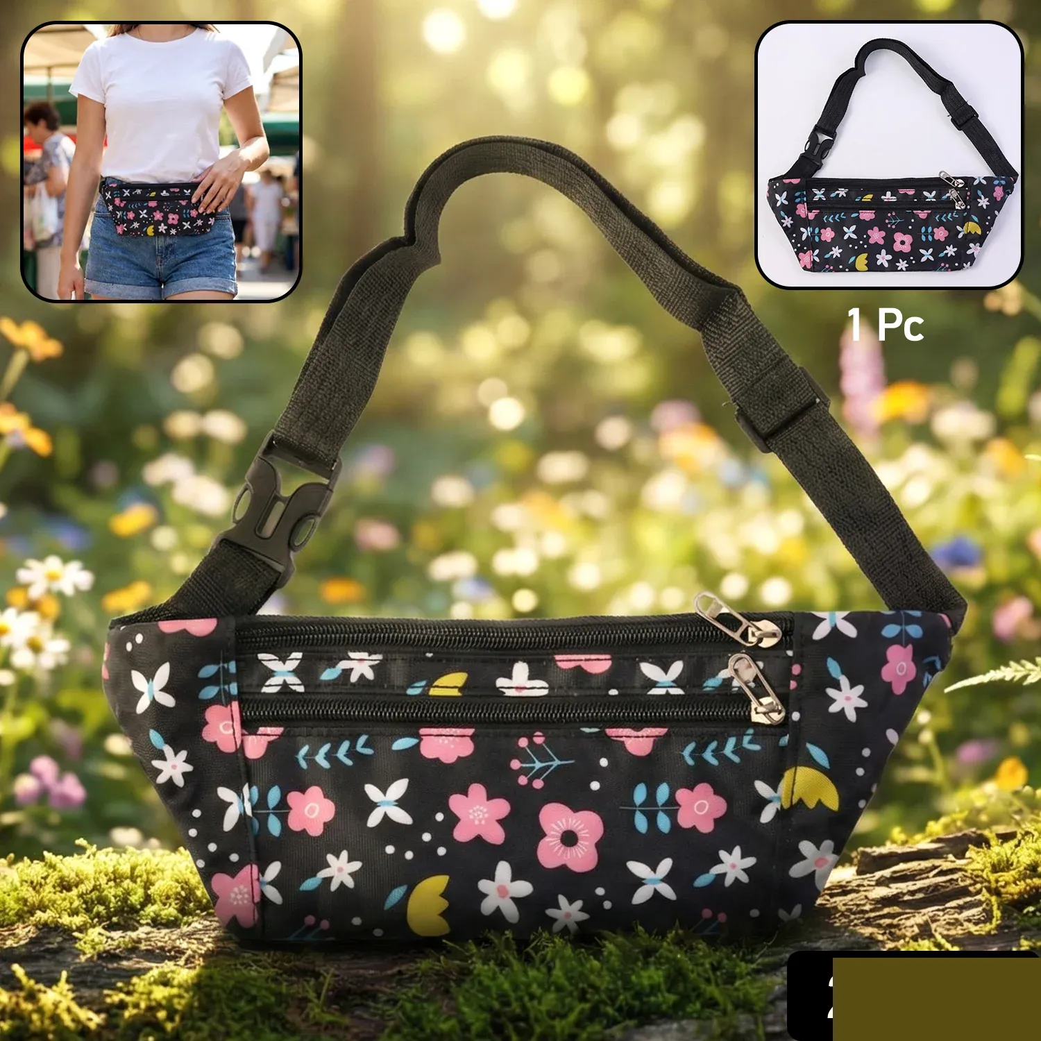 Floral Print Adjustable Waist Bag with Multiple Zipper Pockets - Detailed Feature View 1